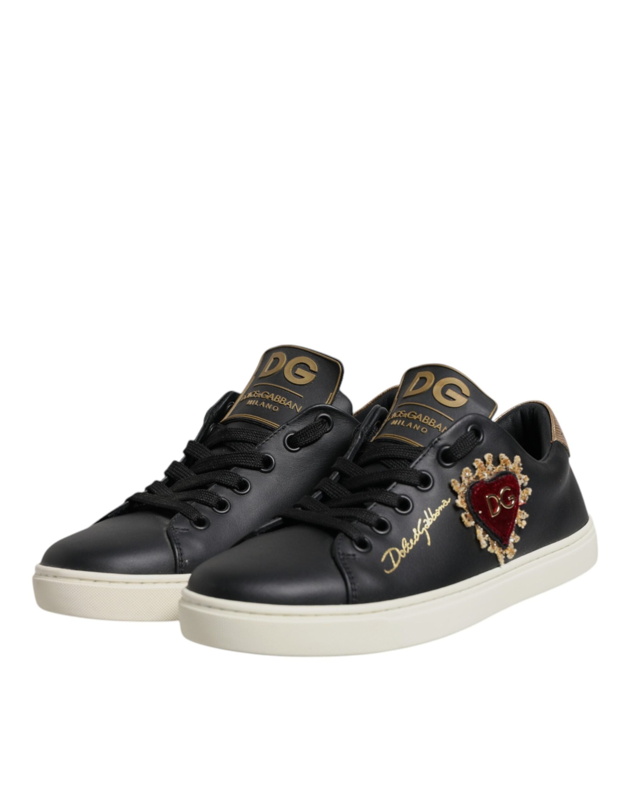 Black Leather Gold Red Heart Sneakers Shoes - ventzia