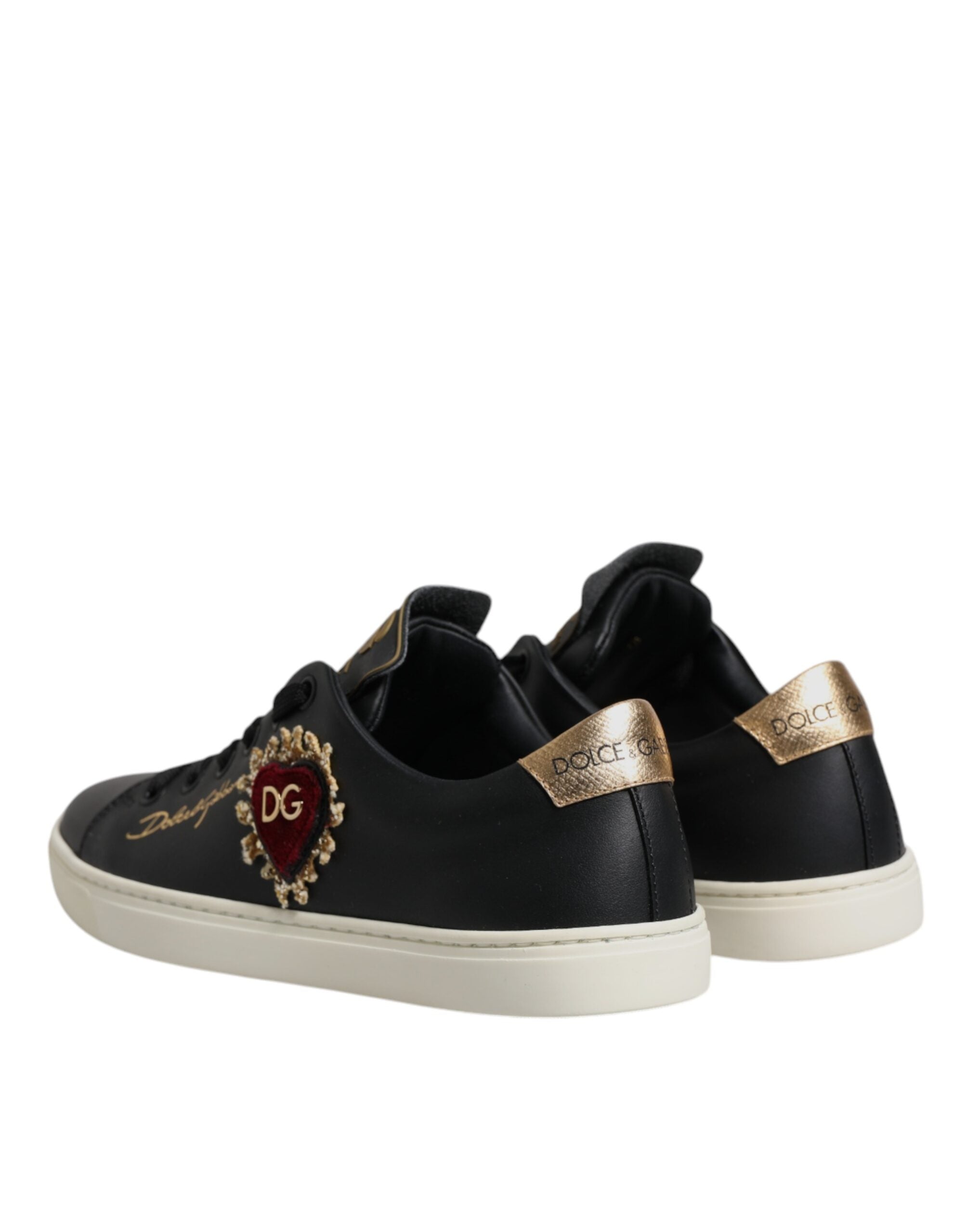 Black Leather Gold Red Heart Sneakers Shoes - ventzia