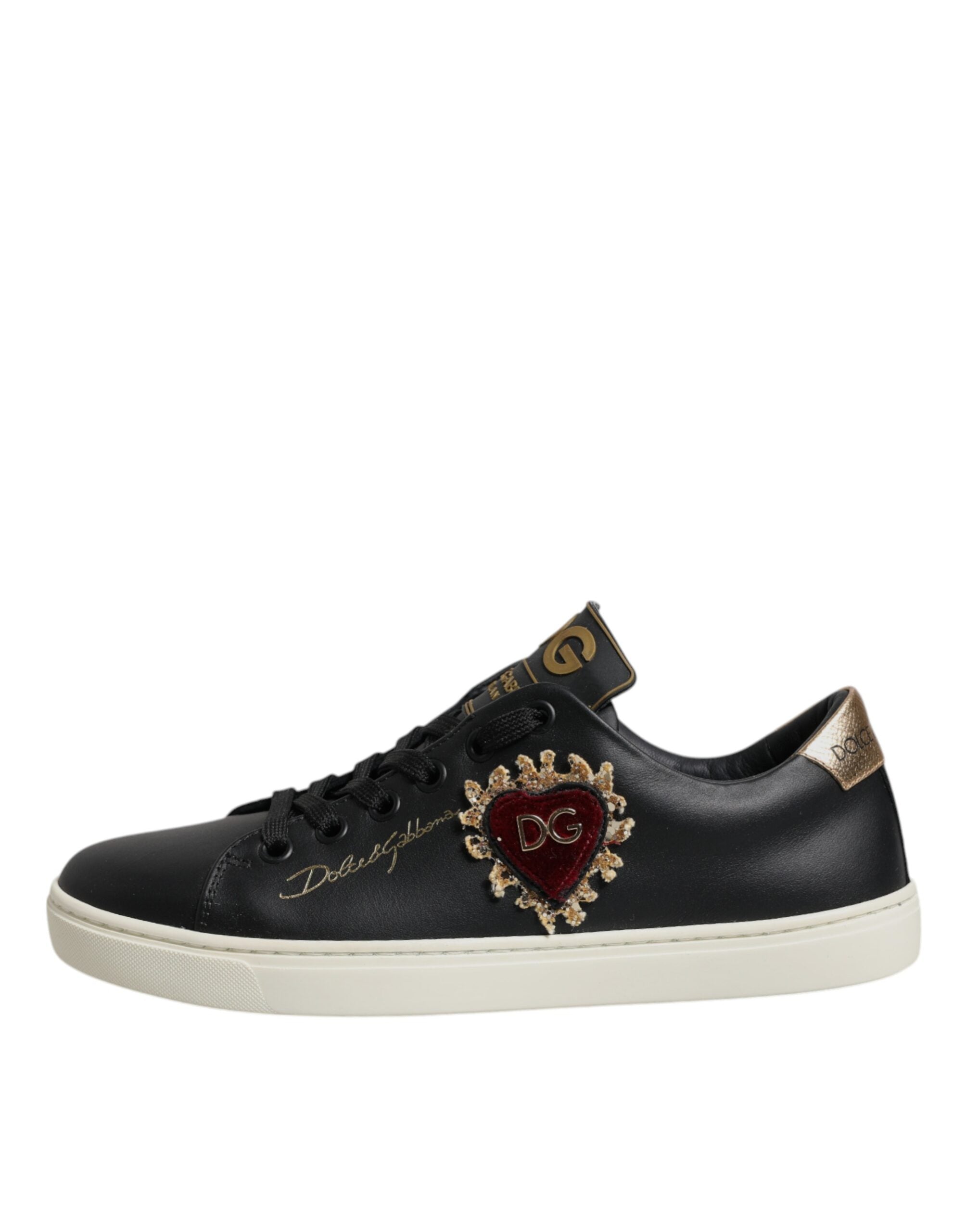 Black Leather Gold Red Heart Sneakers Shoes - ventzia