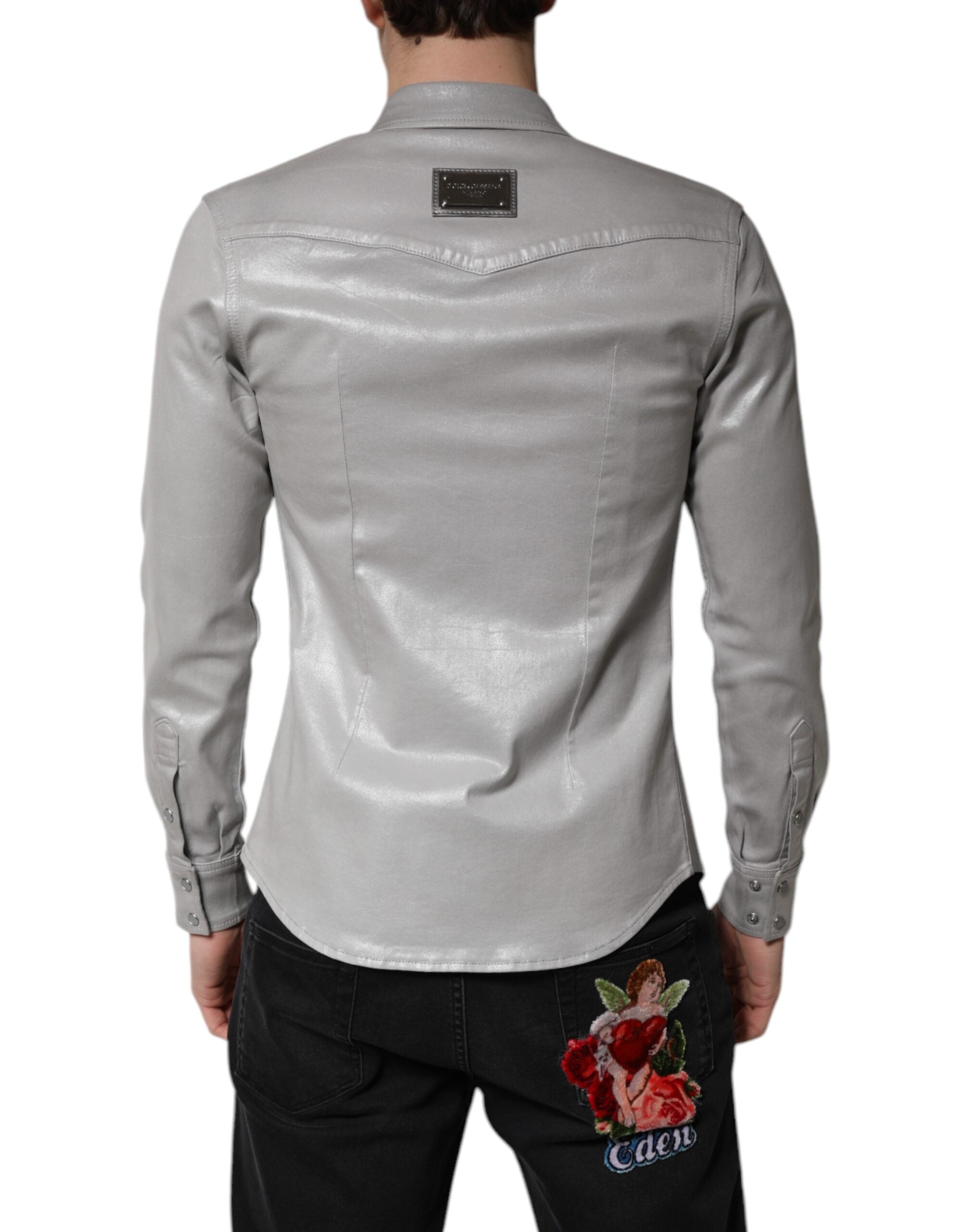 Metallic Gray Cotton Button Down Shirt - ventzia