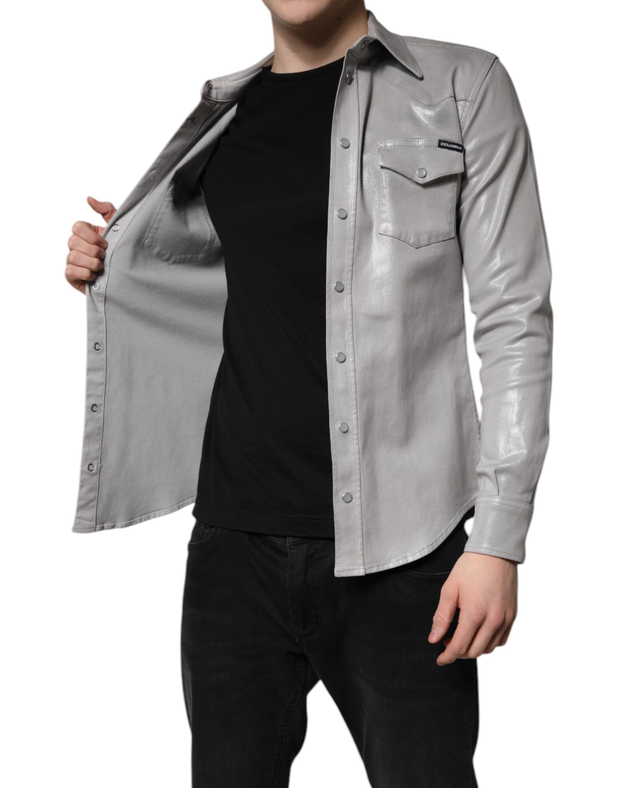 Metallic Gray Cotton Button Down Shirt - ventzia