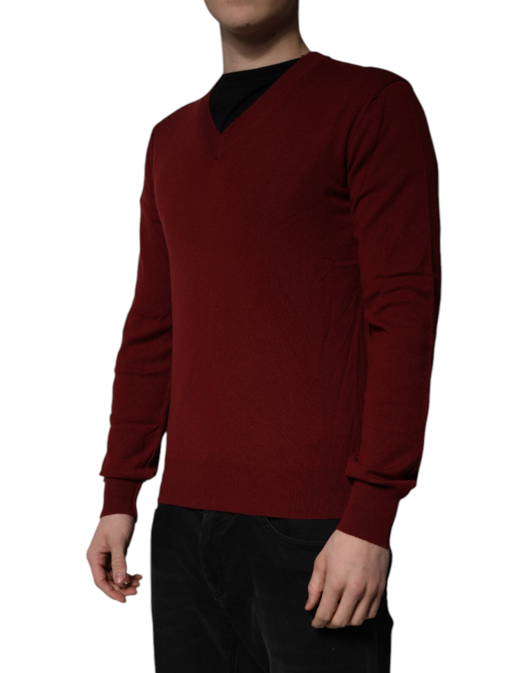 Maroon Cashmere V-neck Men Pullover Sweater - ventzia