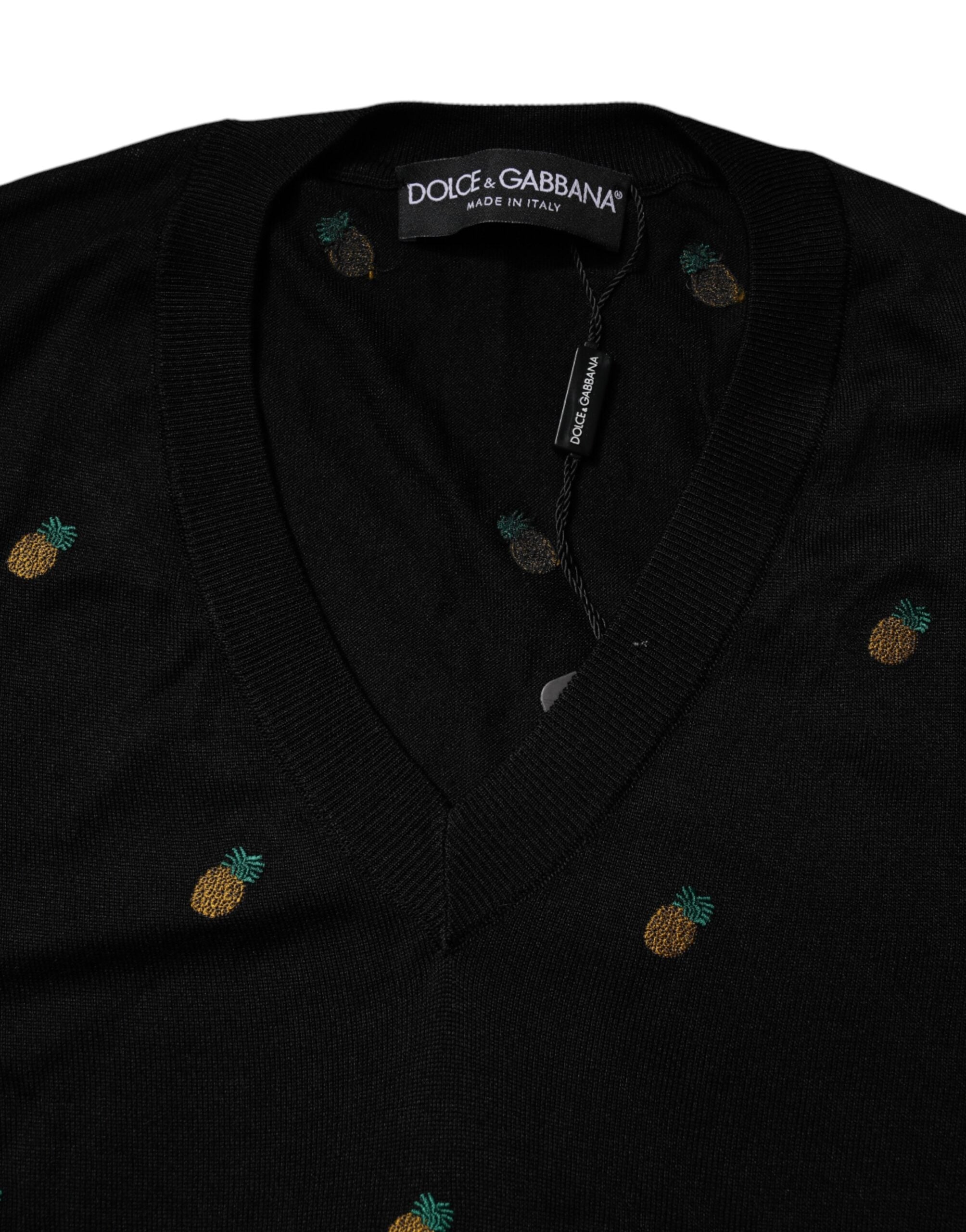 Black Pineapple Crew Neck Pullover Sweater - ventzia