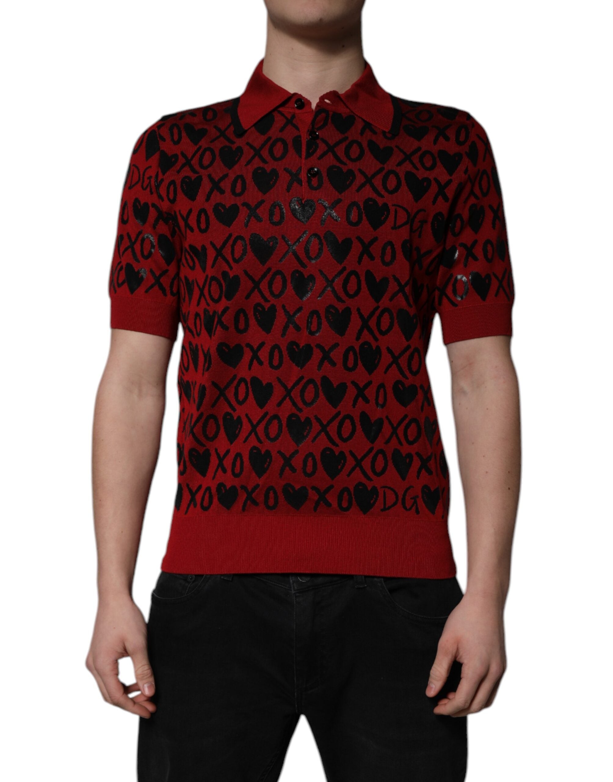 Red Cotton XOXO Collared Polo T-shirt - ventzia
