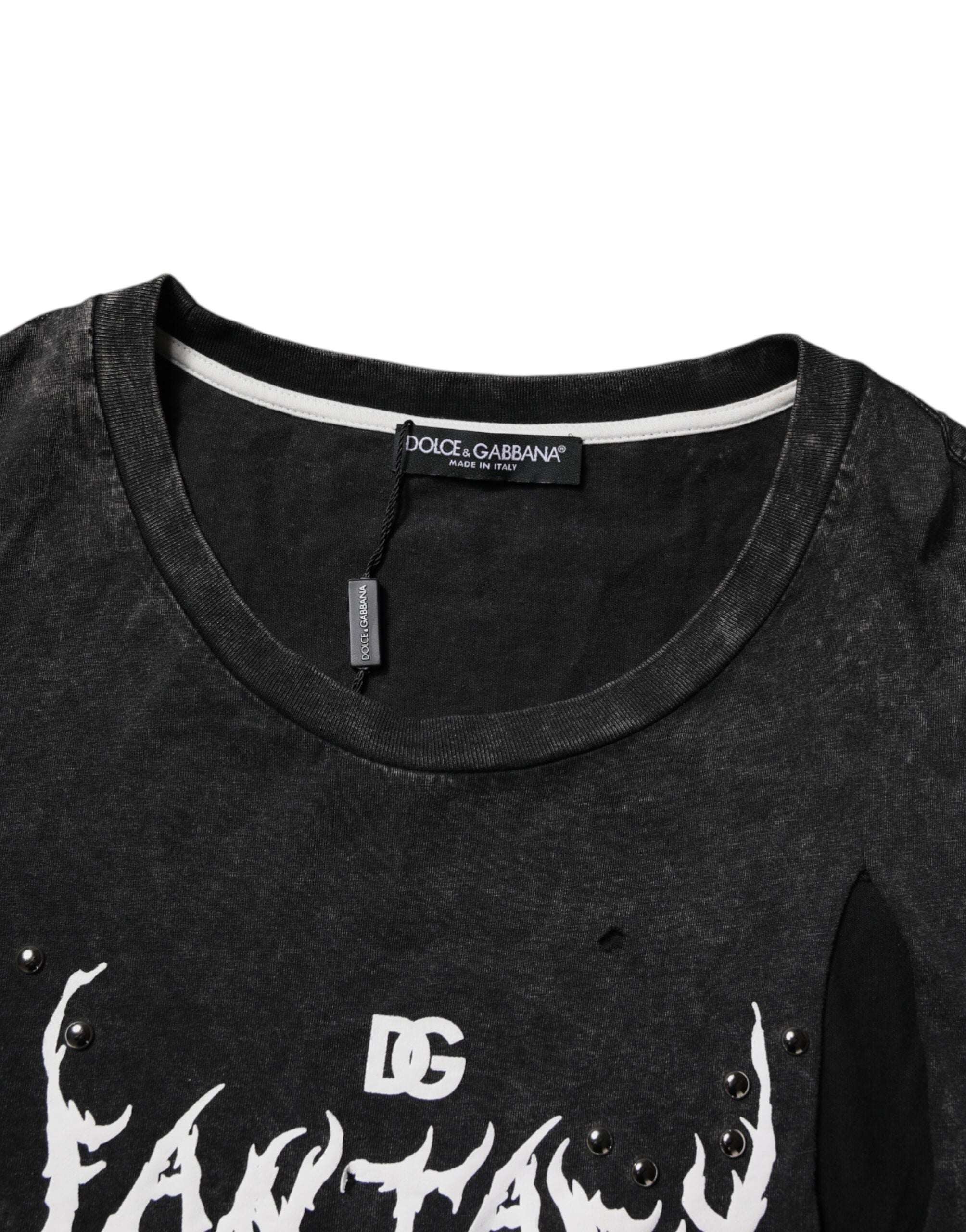 Black Graphic Print Cotton Crew Neck T-shirt - ventzia