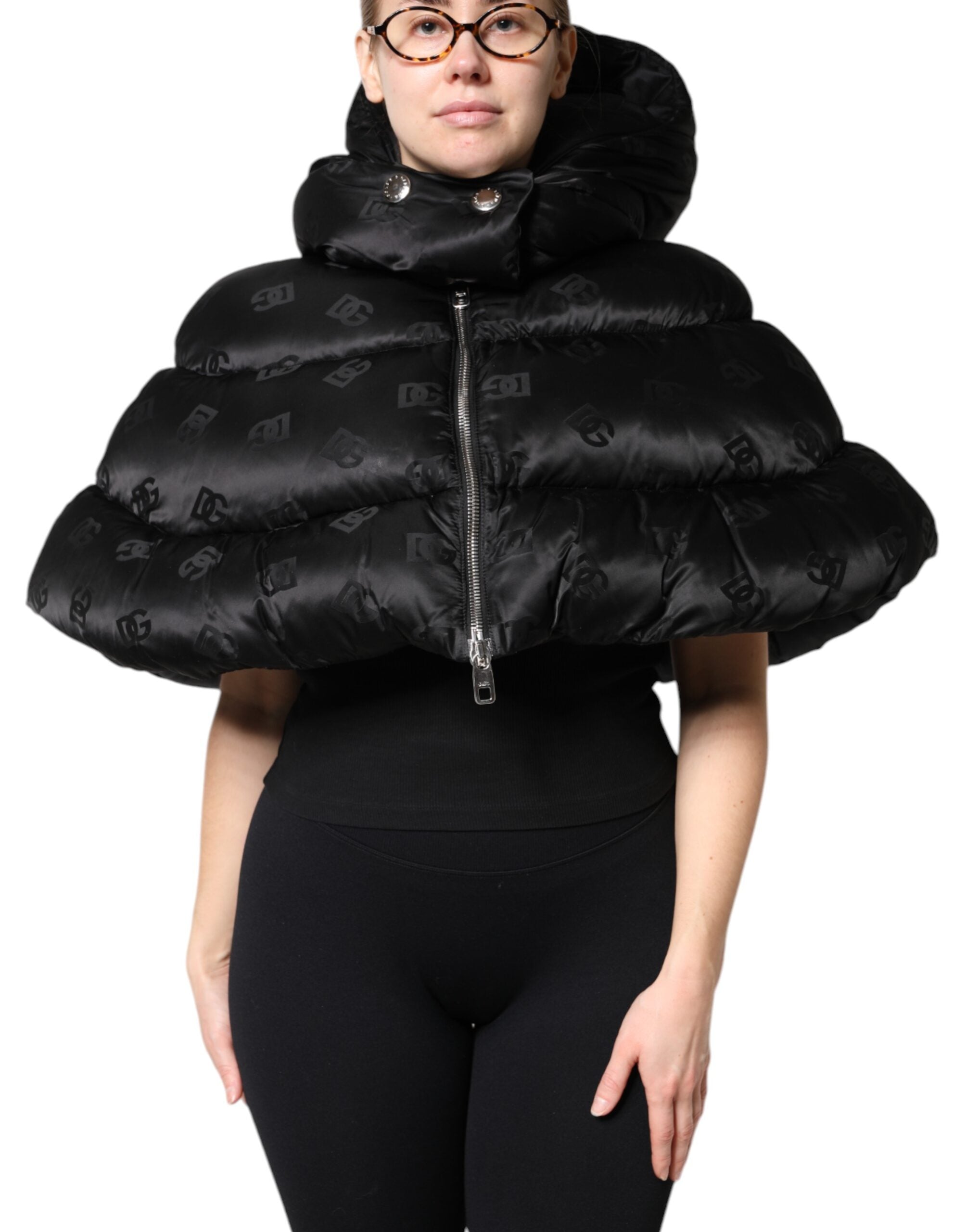 Black Padded Puffer Hooded Full Zip Cropped Jacket - ventzia