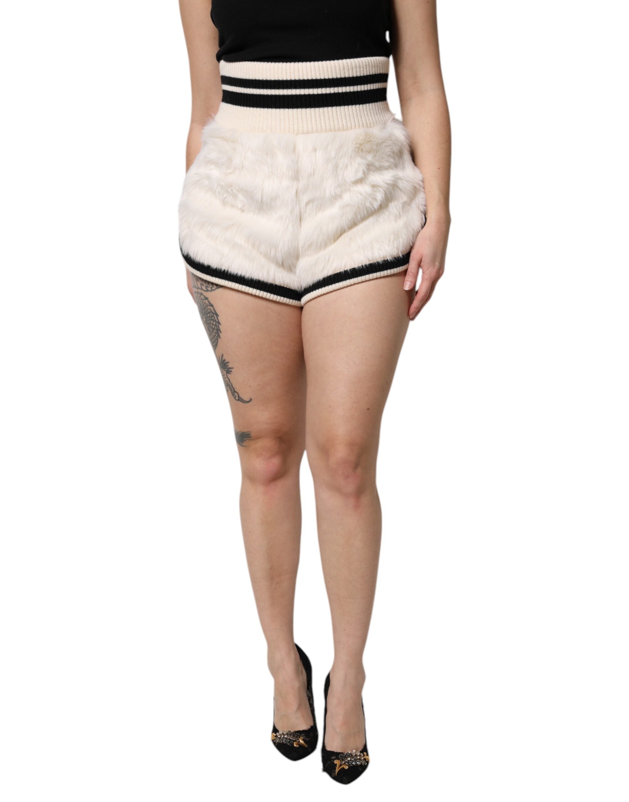 White Faux Fur High Waisted Hot Pants Short - ventzia