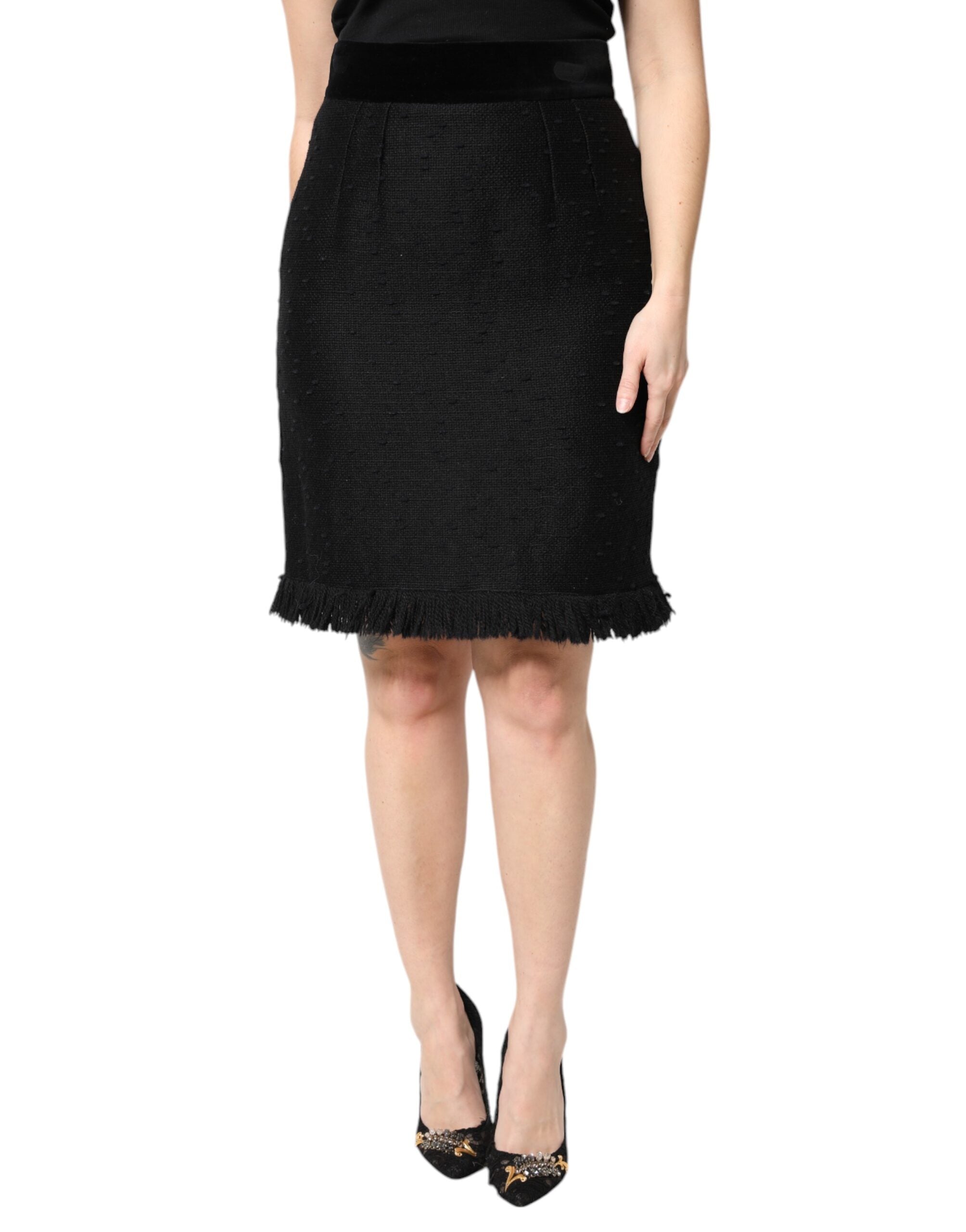 Black Wool Fringe High Waist Pencil Mini Skirt - ventzia