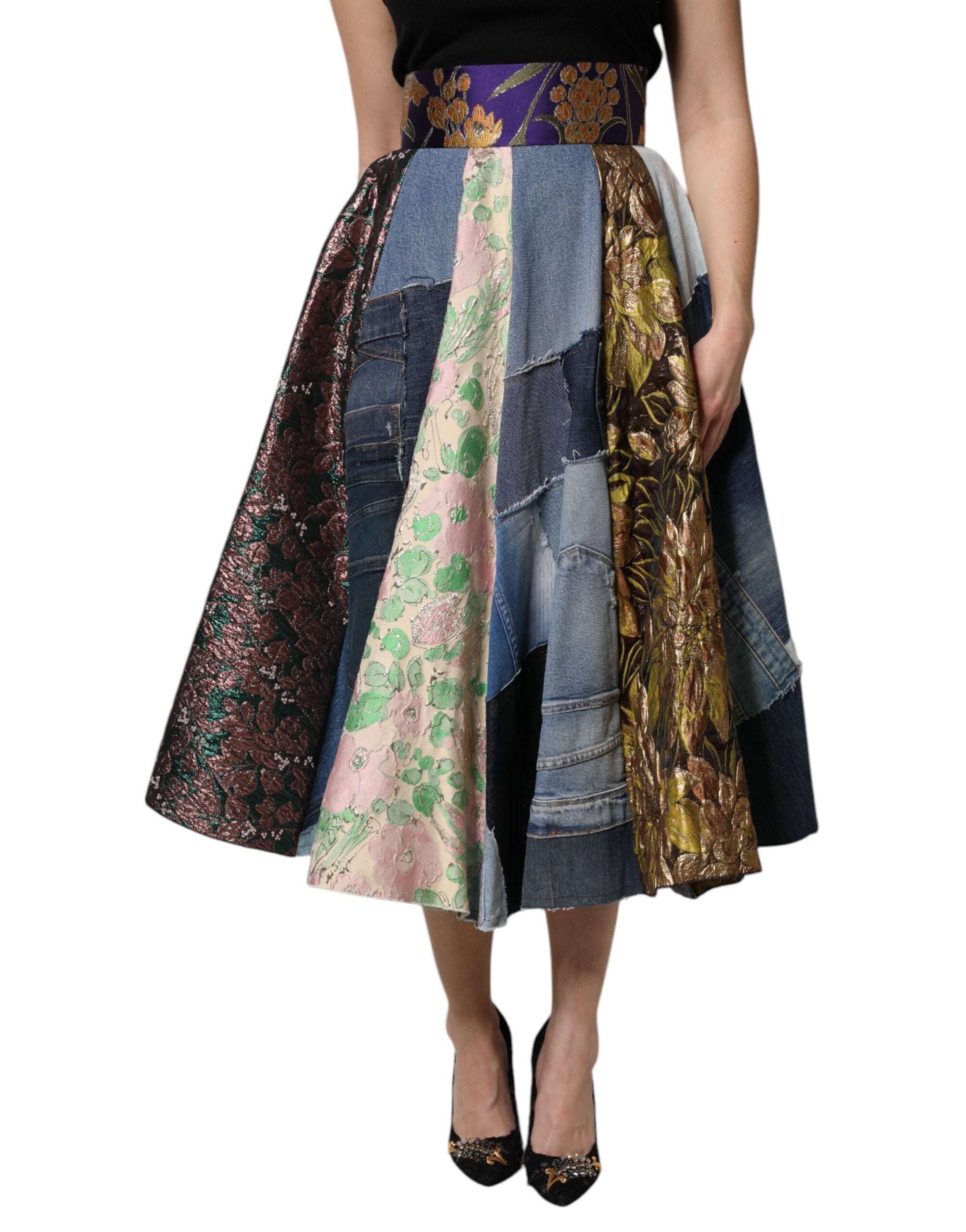 Multicolor Patchwork High Waisted Midi Skirt - ventzia