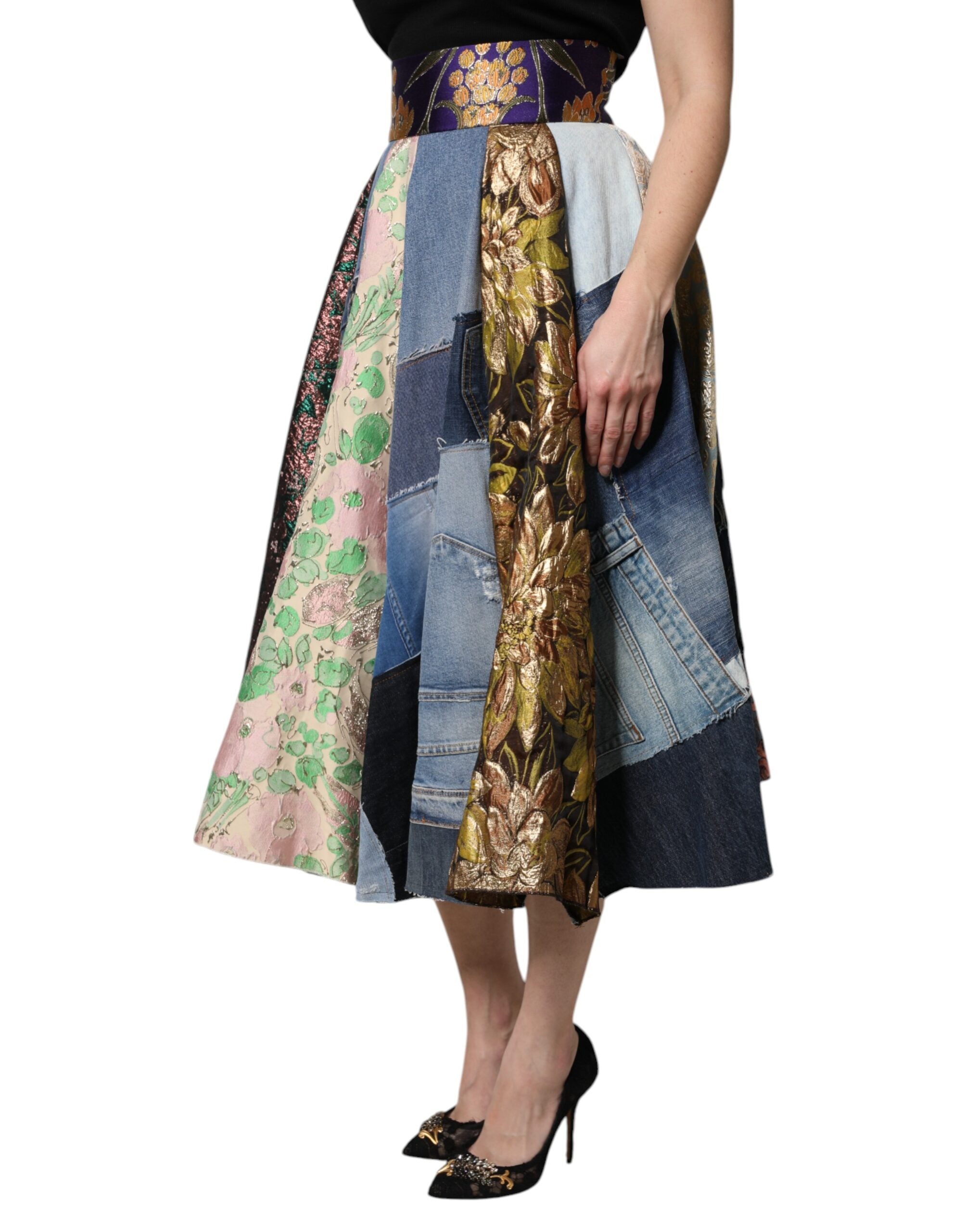 Multicolor Patchwork High Waisted Midi Skirt - ventzia
