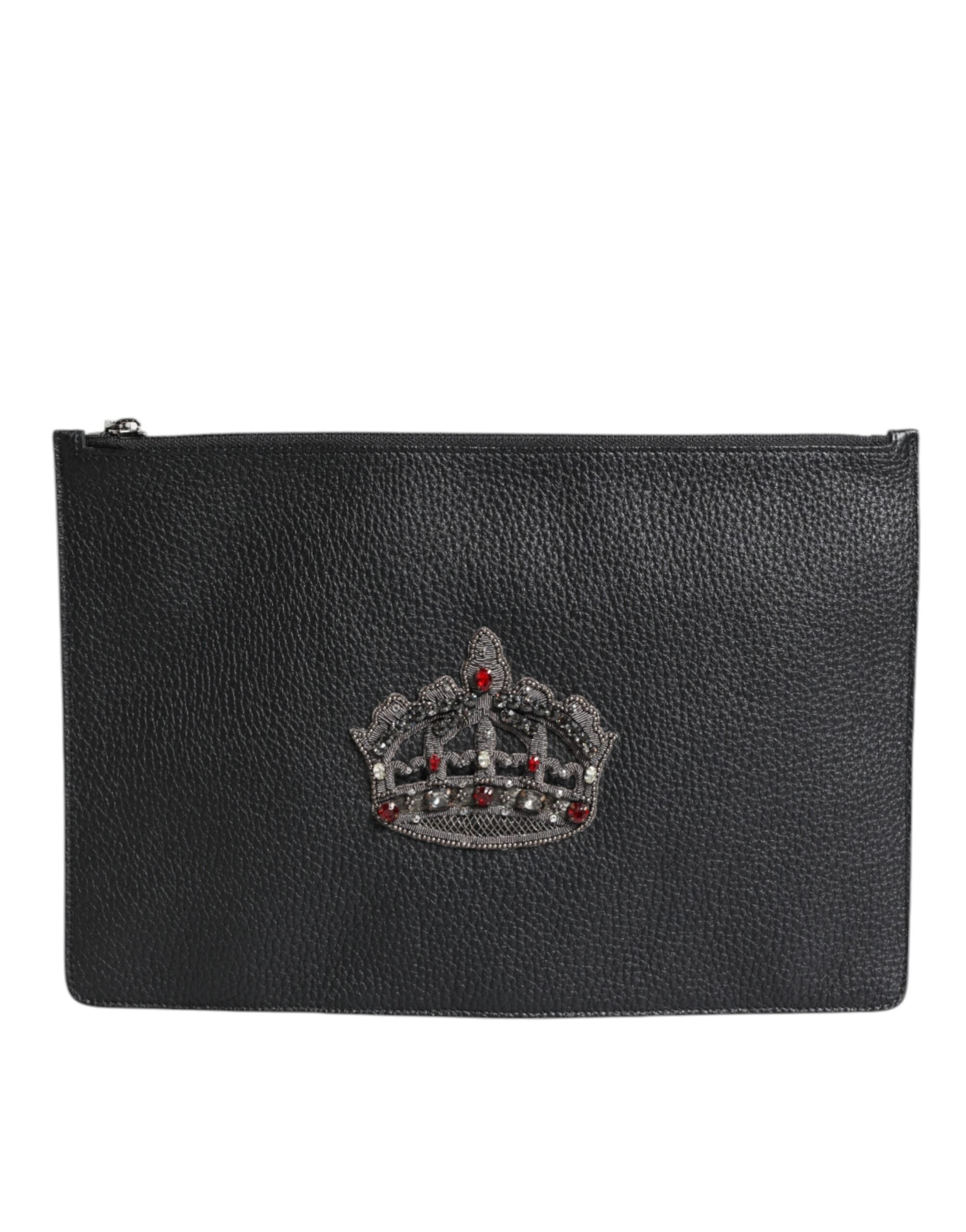 Black Calfskin Crown Embellished Clutch Pouch Bag - ventzia