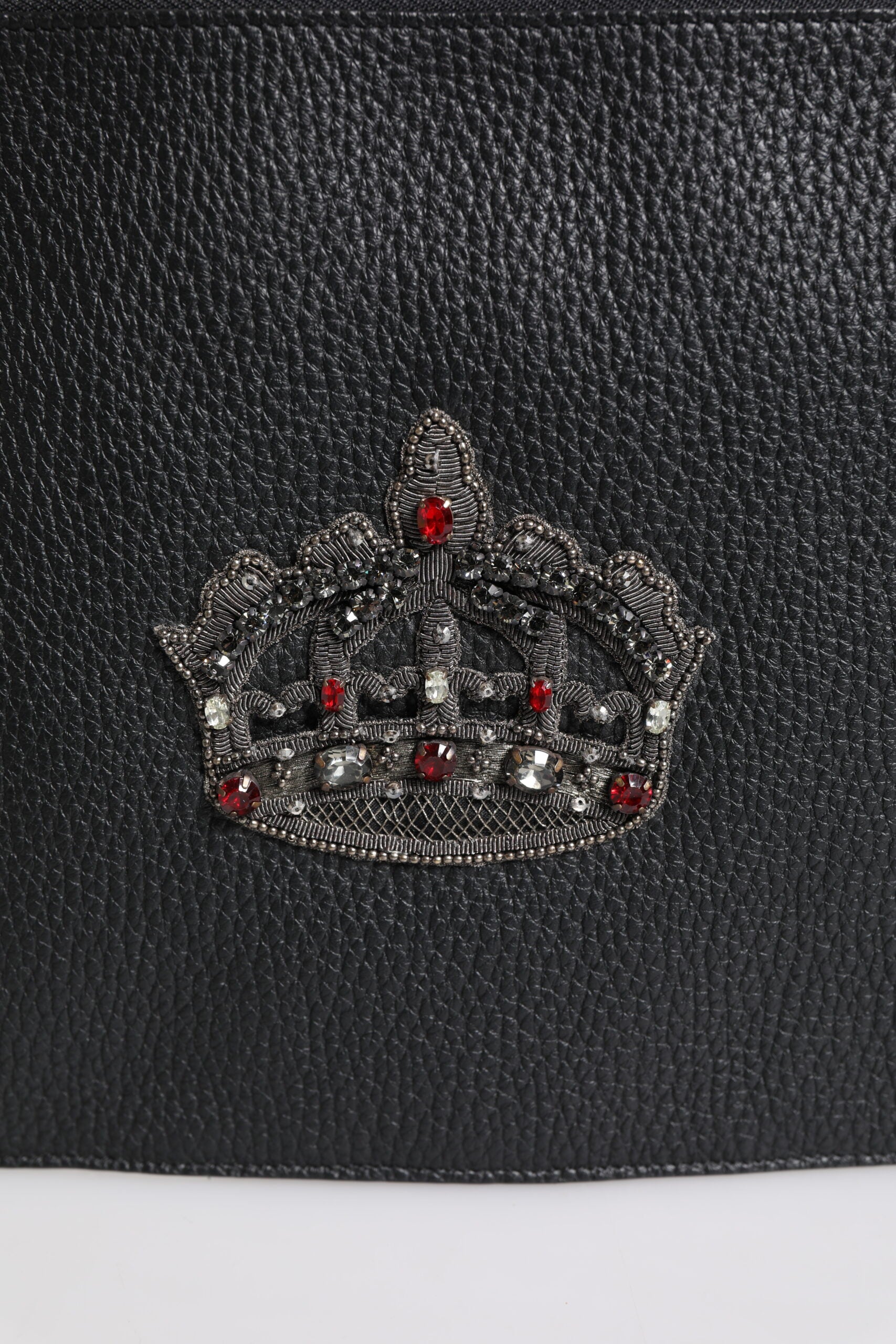 Black Calfskin Crown Embellished Clutch Pouch Bag - ventzia