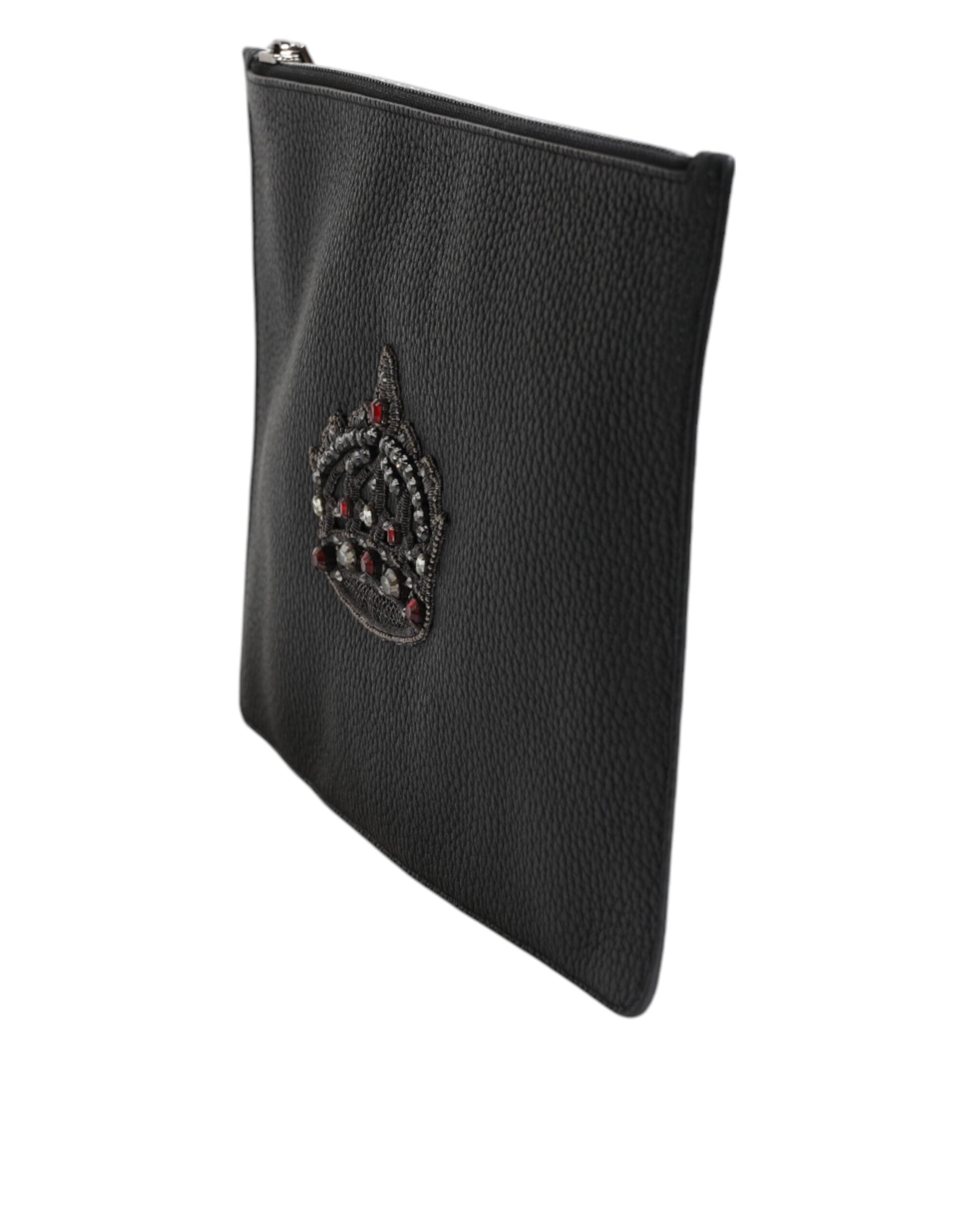 Black Calfskin Crown Embellished Clutch Pouch Bag - ventzia