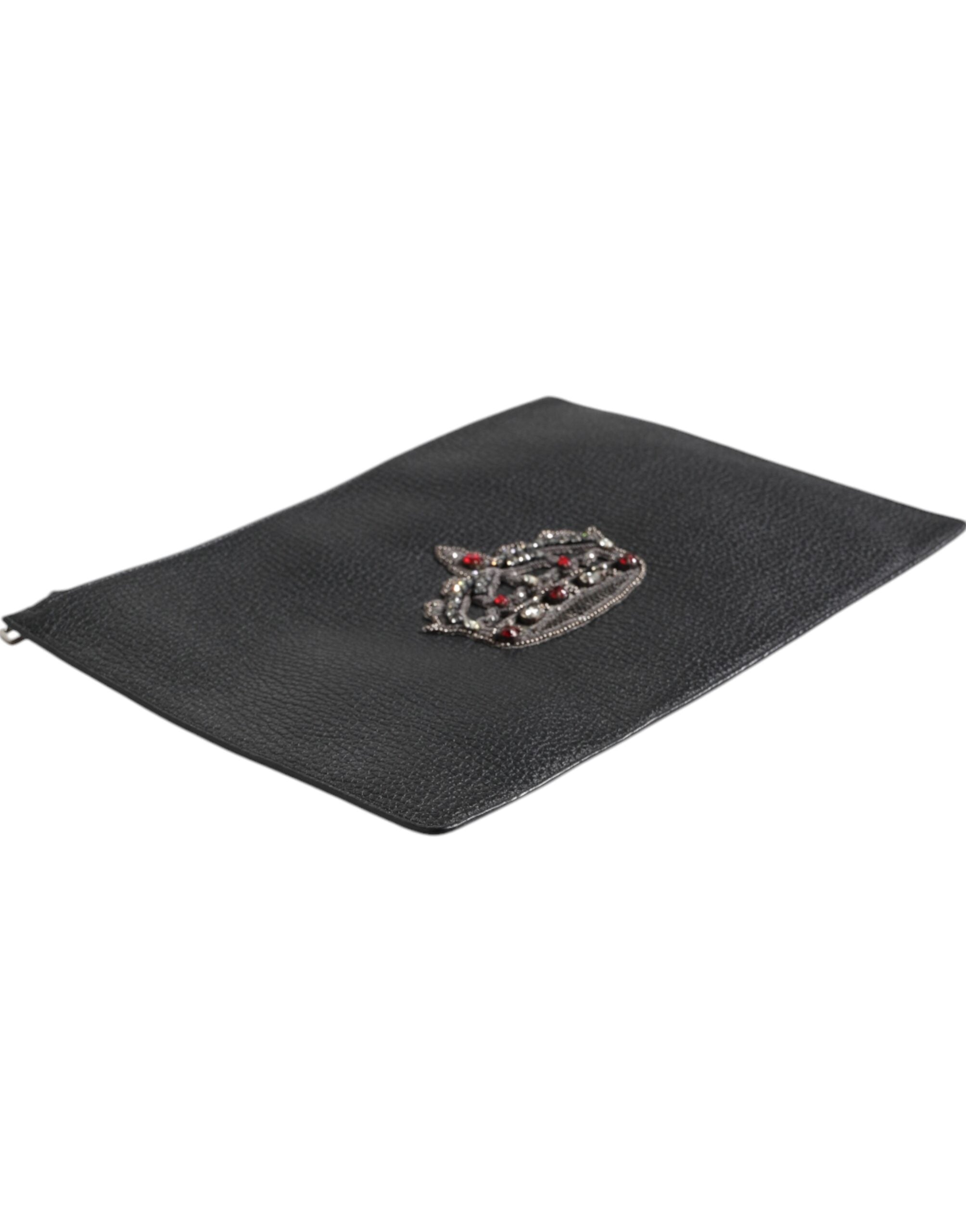 Black Calfskin Crown Embellished Clutch Pouch Bag - ventzia