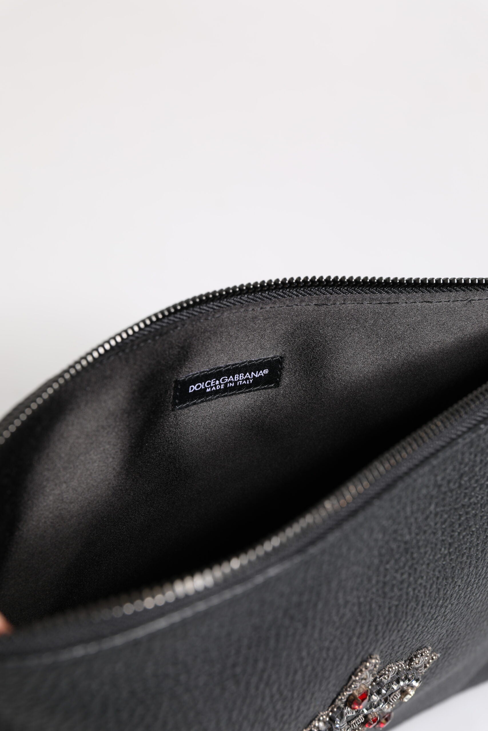 Black Calfskin Crown Embellished Clutch Pouch Bag - ventzia