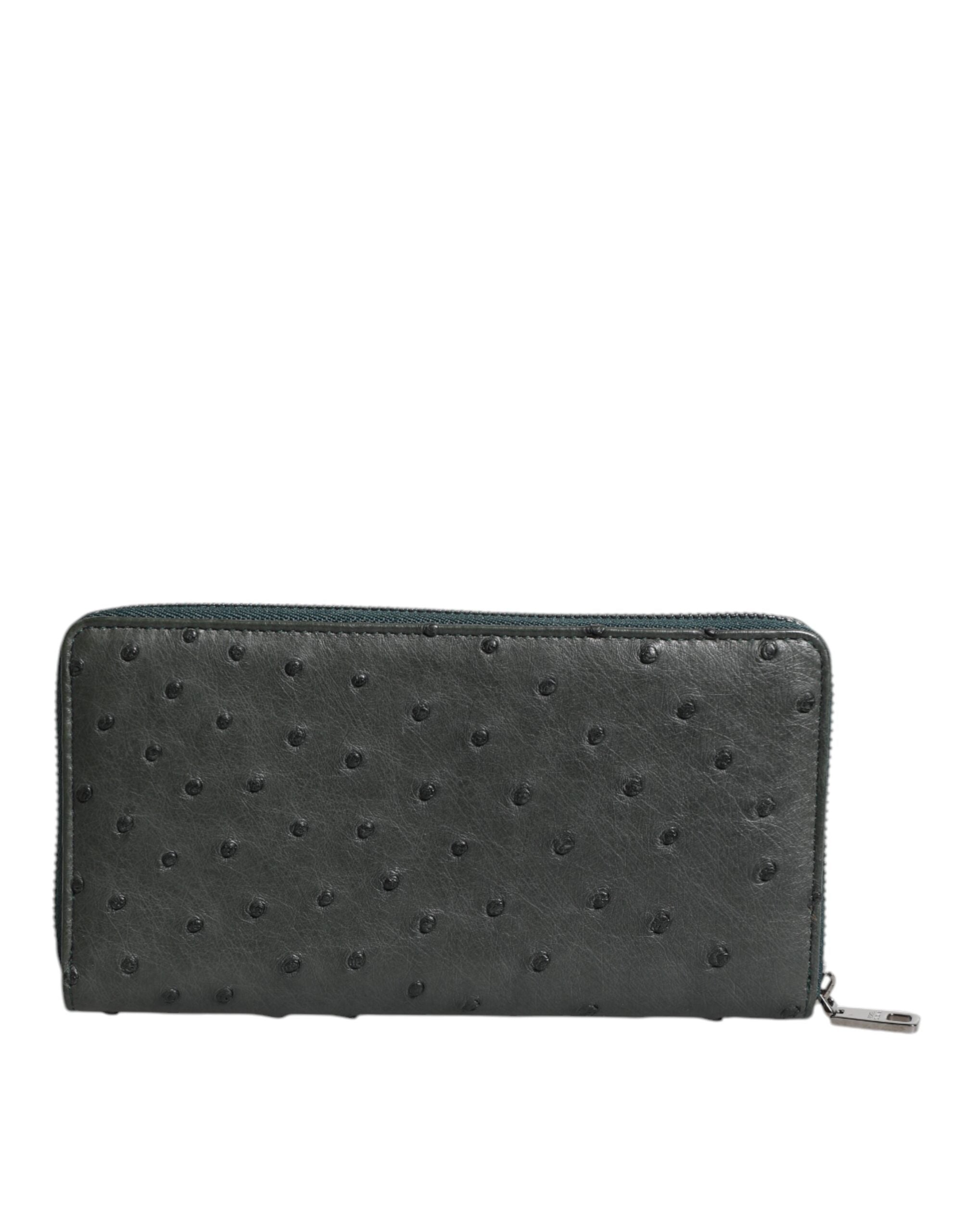 Green Ostrich Logo Plaque Zip Around Continental Wallet - ventzia
