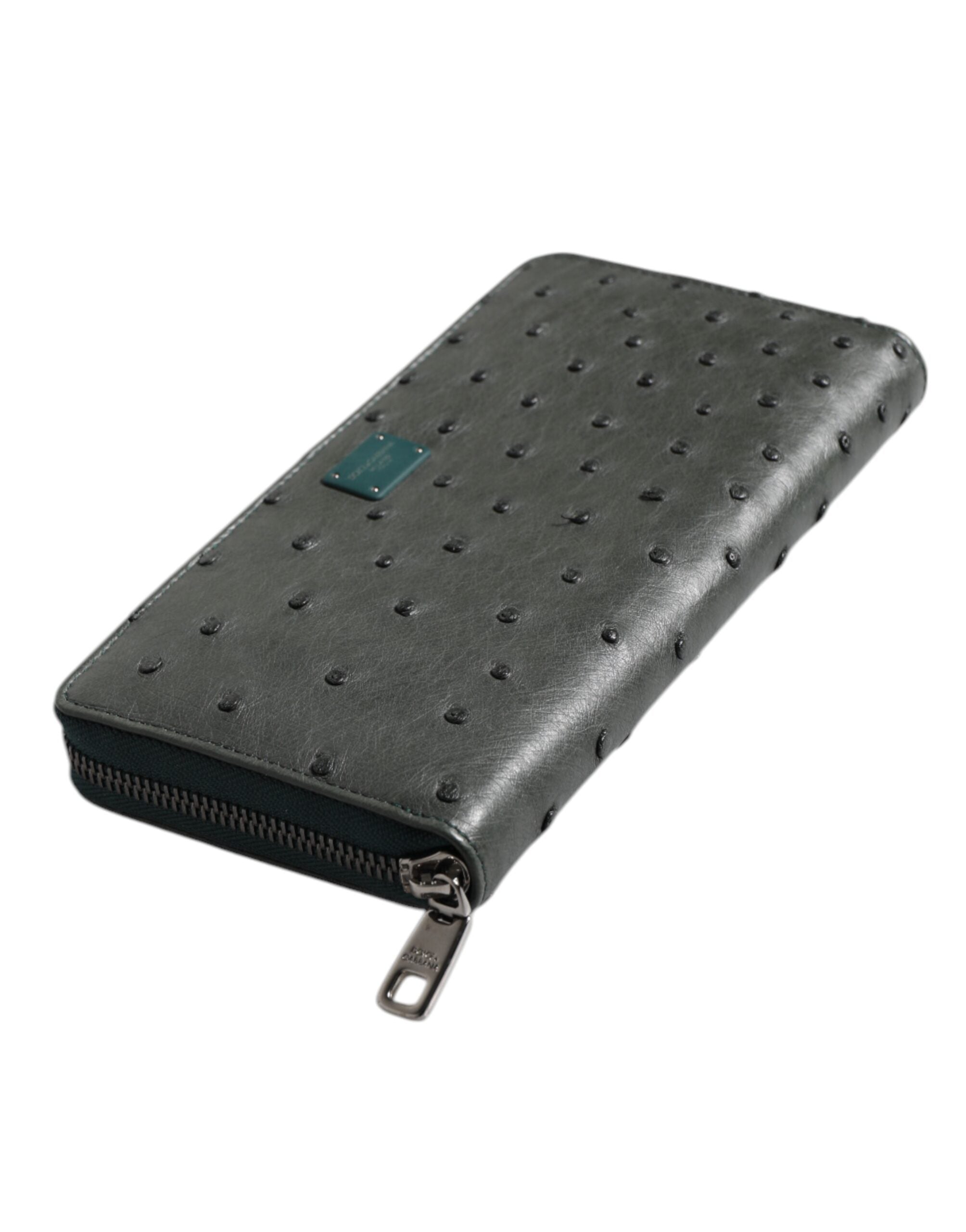 Green Ostrich Logo Plaque Zip Around Continental Wallet - ventzia