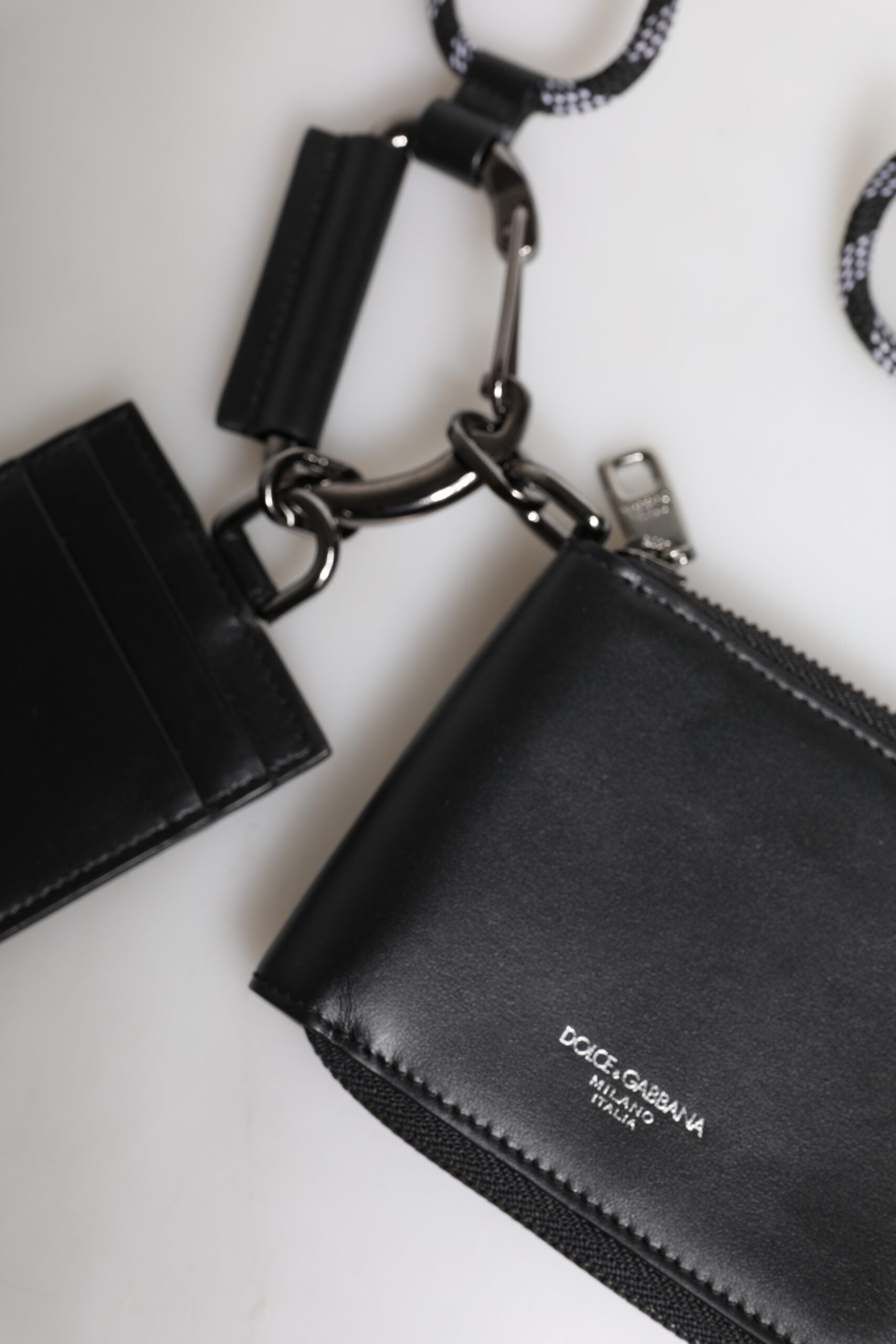 Black Leather Lanyard Zip Around Card Holder Wallet - ventzia