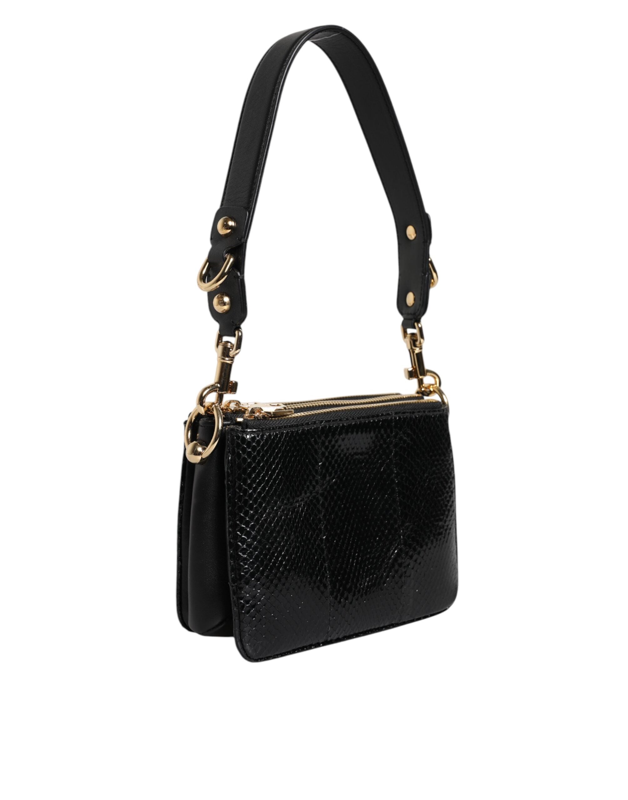 Black Exotic Leather Shoulder Sling Clutch Bag - ventzia