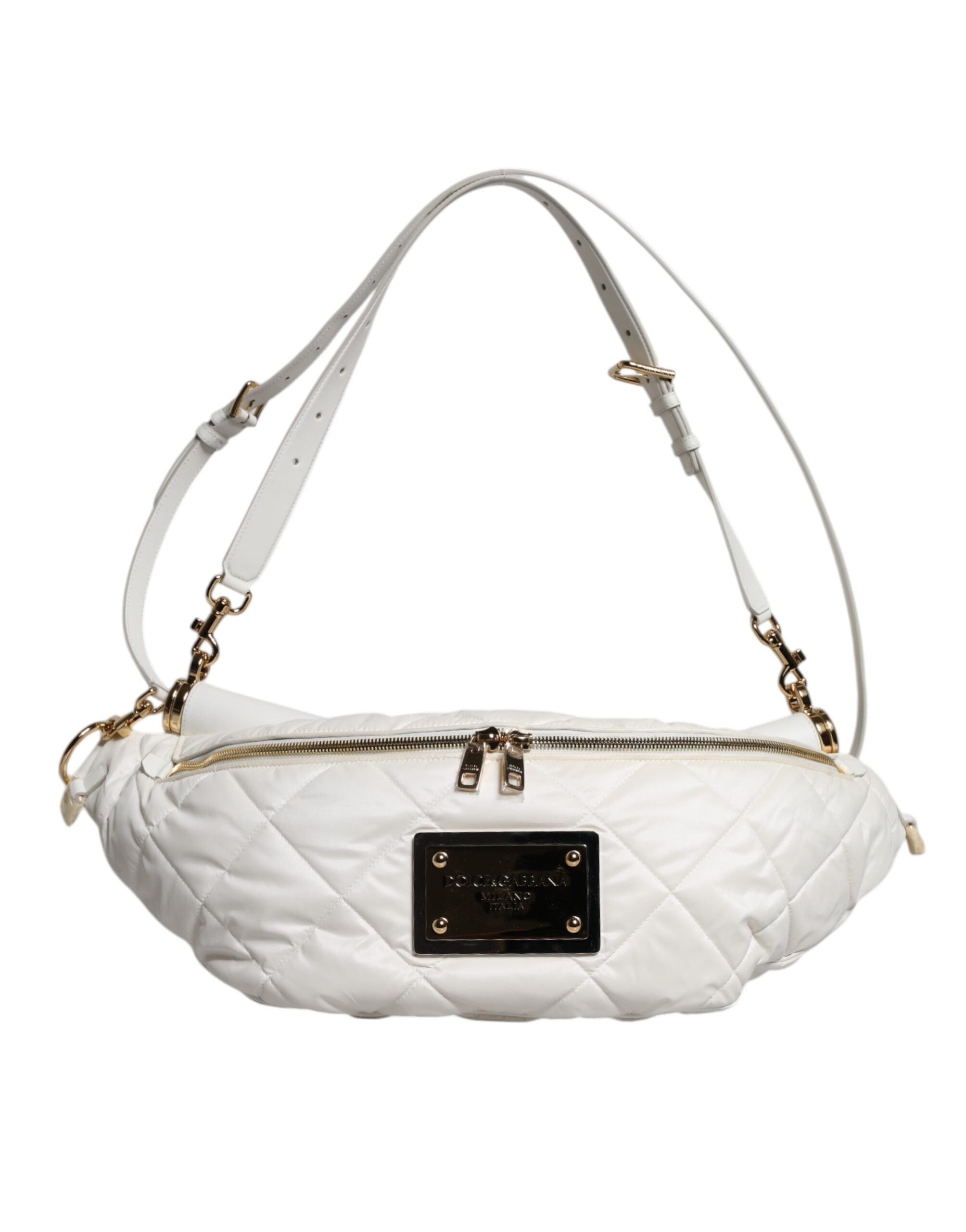White Quilted Logo Plaque Belt Waist Fanny Pack Bag - ventzia