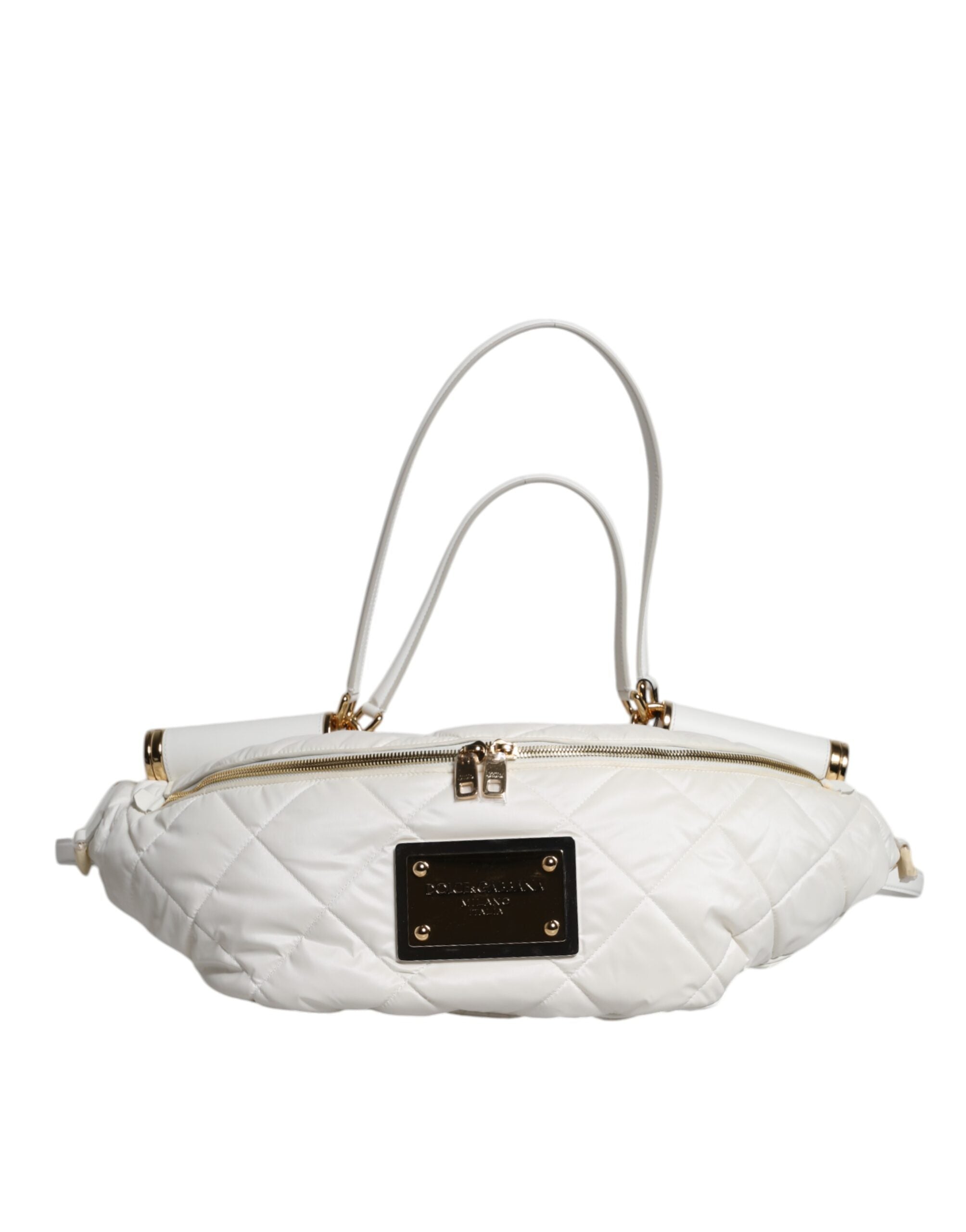 White Quilted Logo Plaque Belt Waist Fanny Pack Bag - ventzia