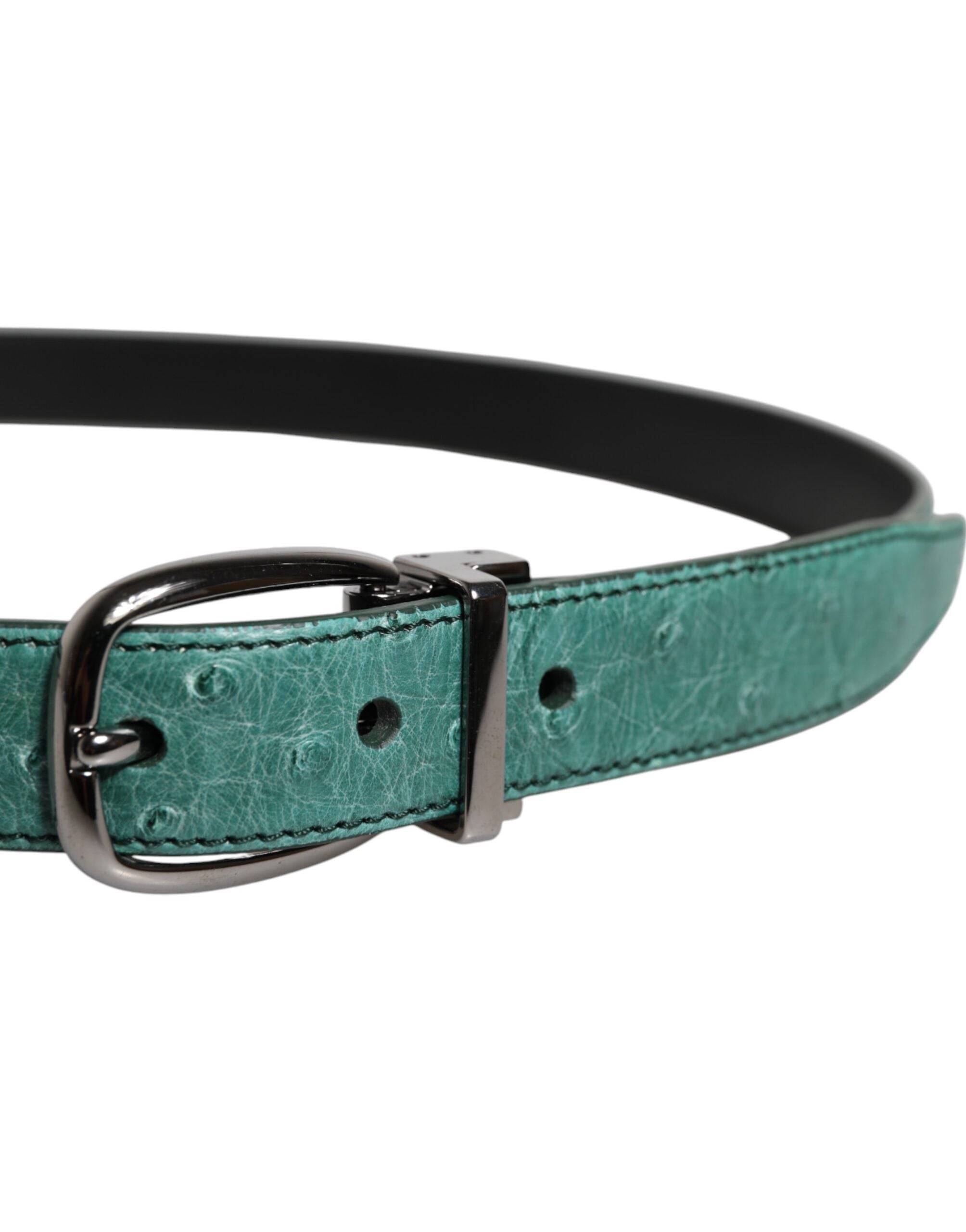 Green Ostrich Leather Silver Metal Buckle Belt - ventzia