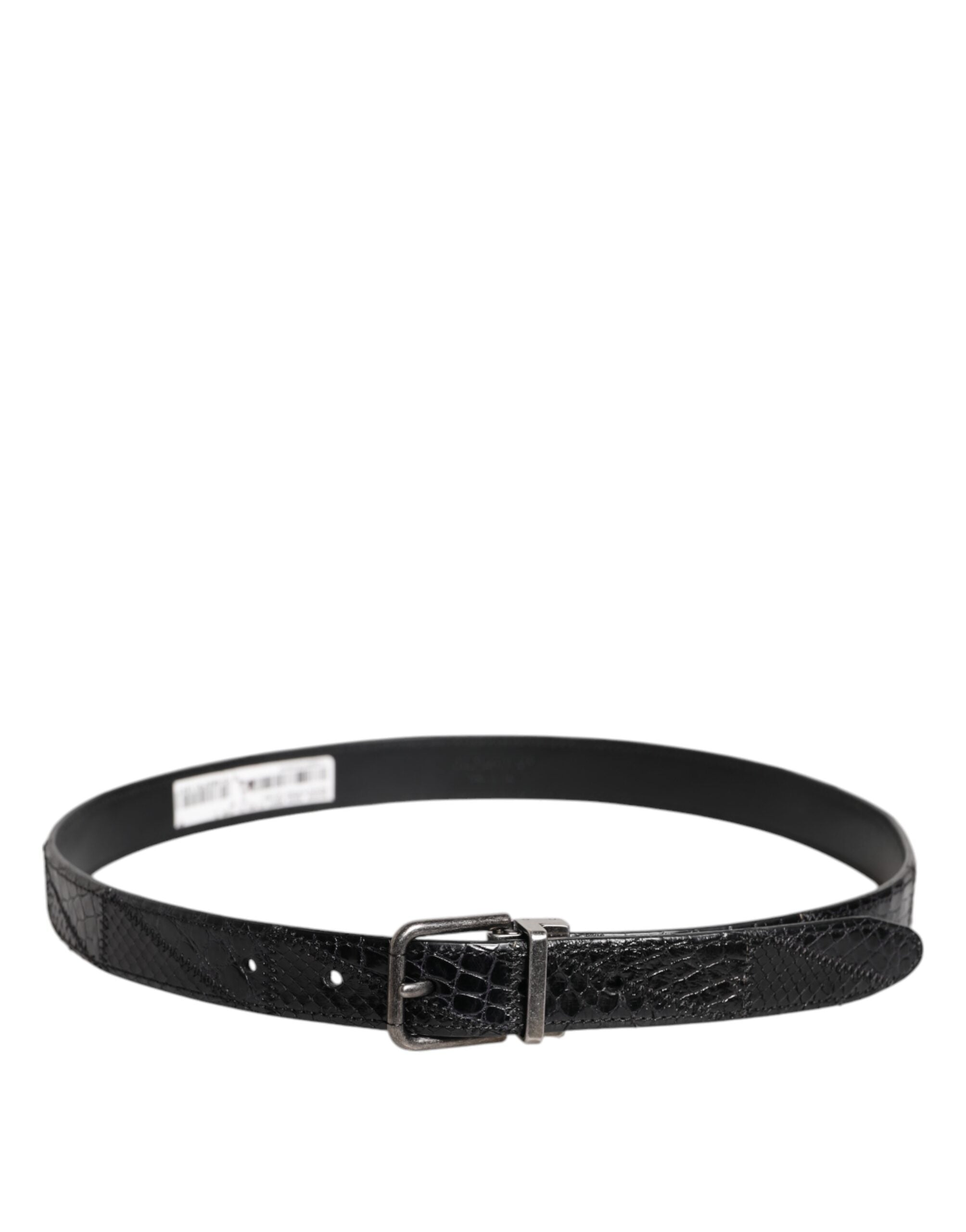 Black Exotic Leather Metal Logo Buckle Belt - ventzia