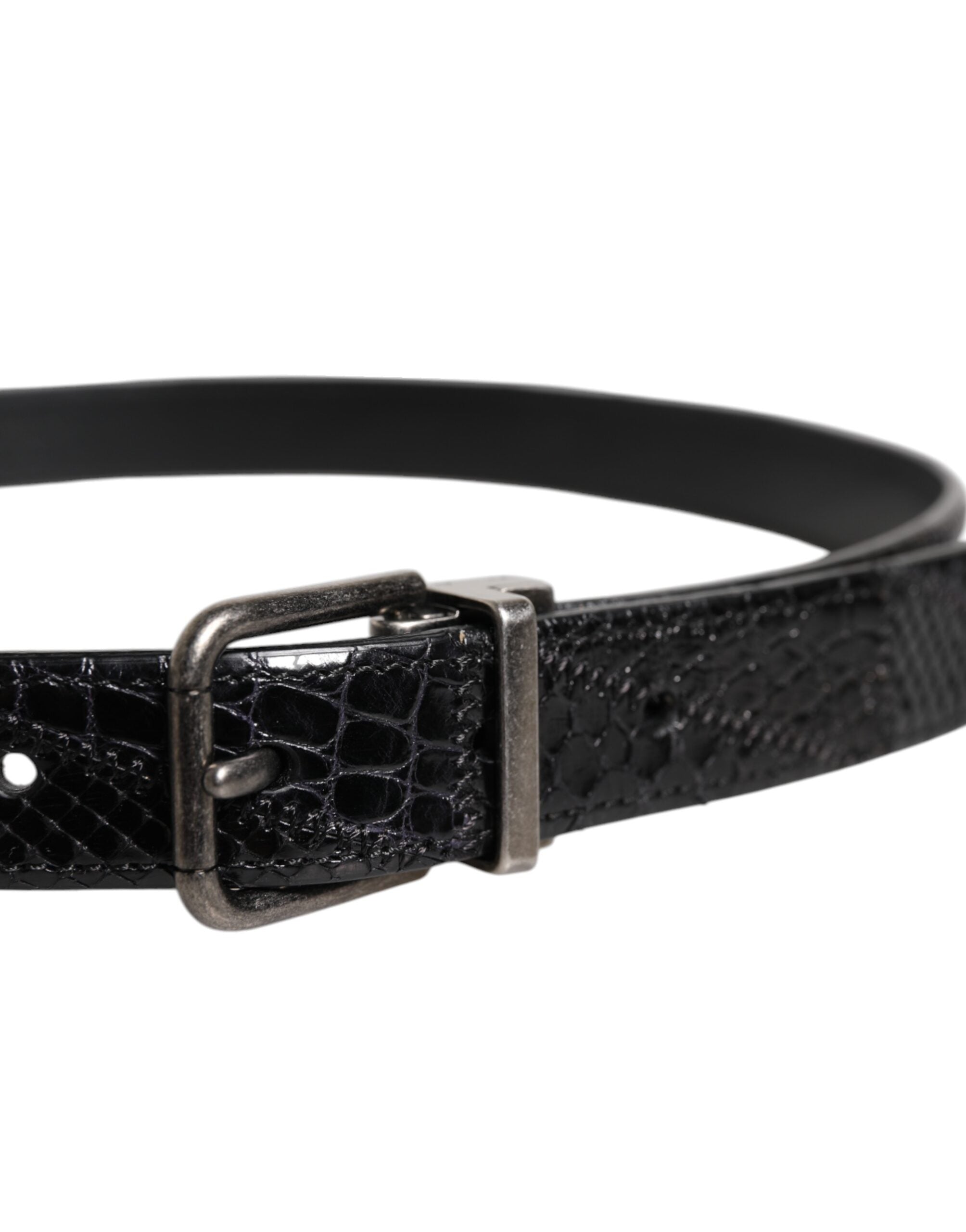Black Exotic Leather Metal Logo Buckle Belt - ventzia