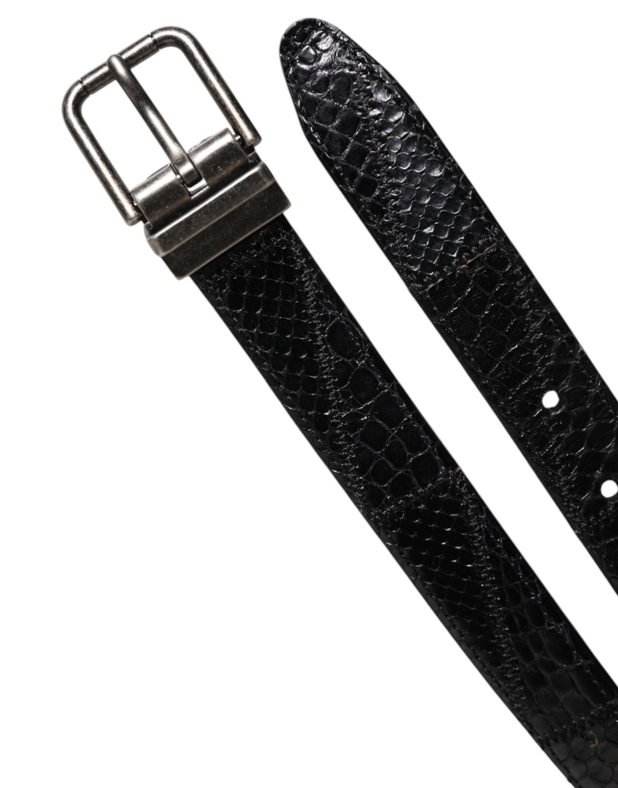 Black Exotic Leather Metal Logo Buckle Belt - ventzia