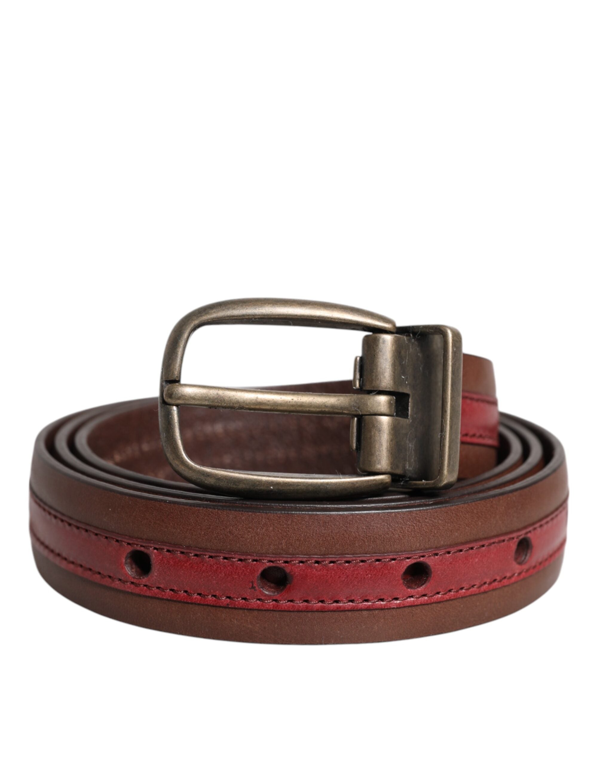 Burgundy Leather Metal Logo Buckle Belt - ventzia