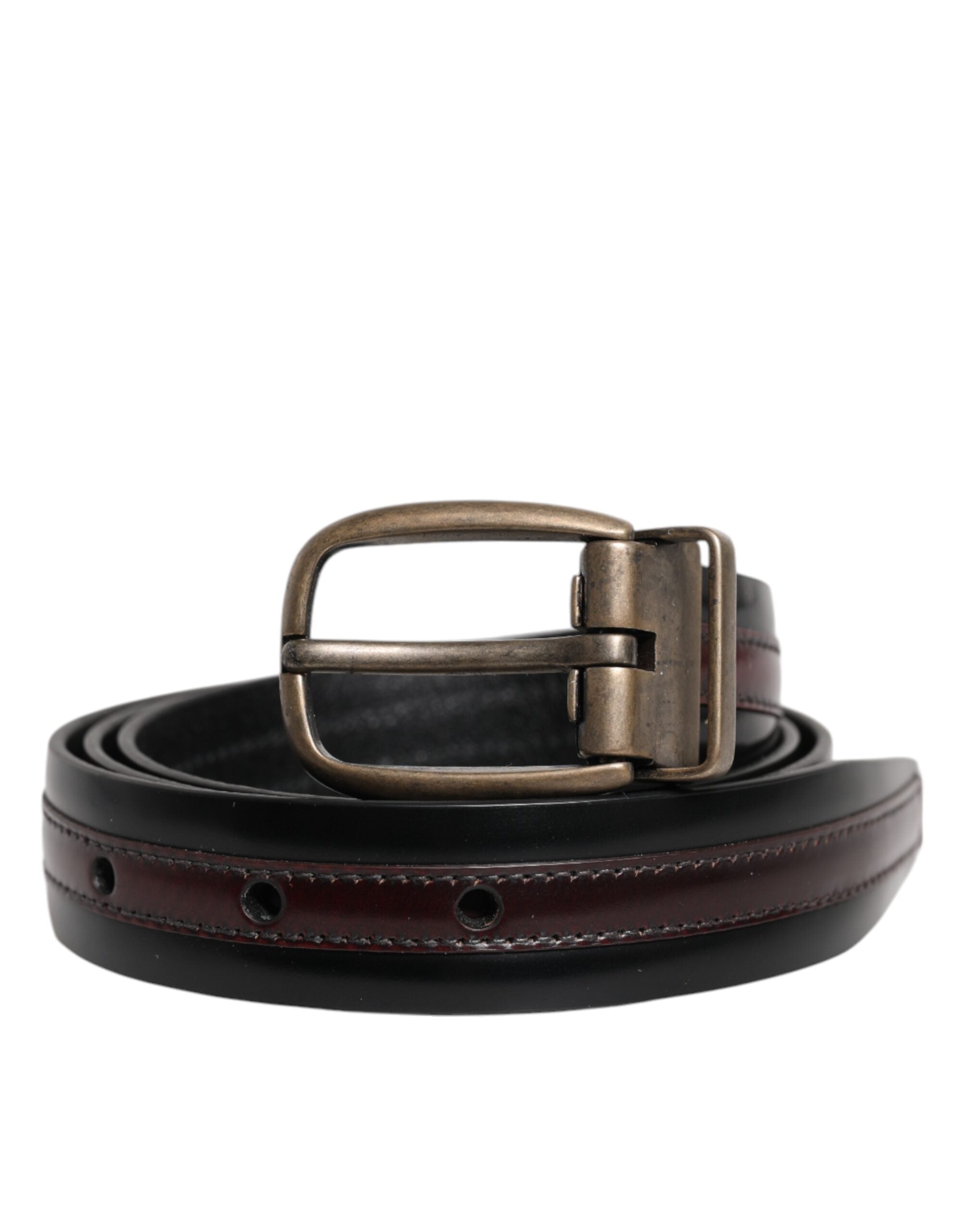 Black Burgundy Calfskin Metal Logo Buckle Belt - ventzia