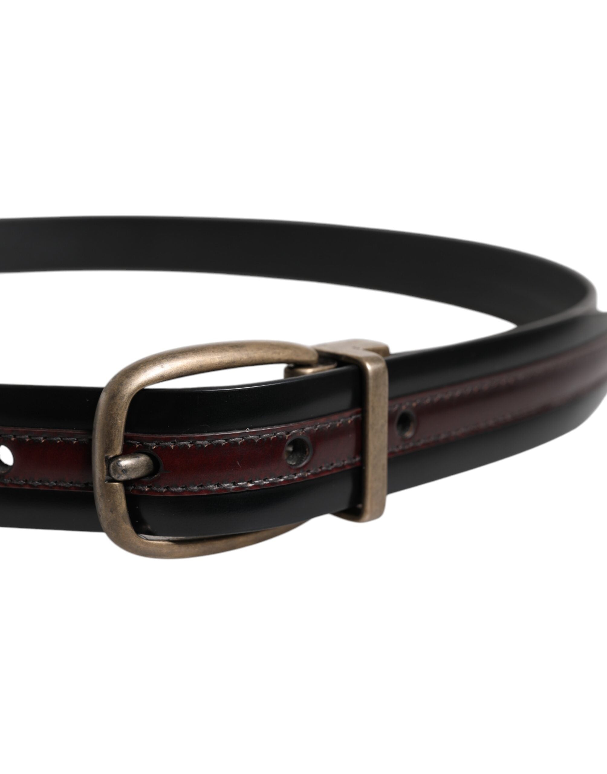 Black Burgundy Calfskin Metal Logo Buckle Belt - ventzia