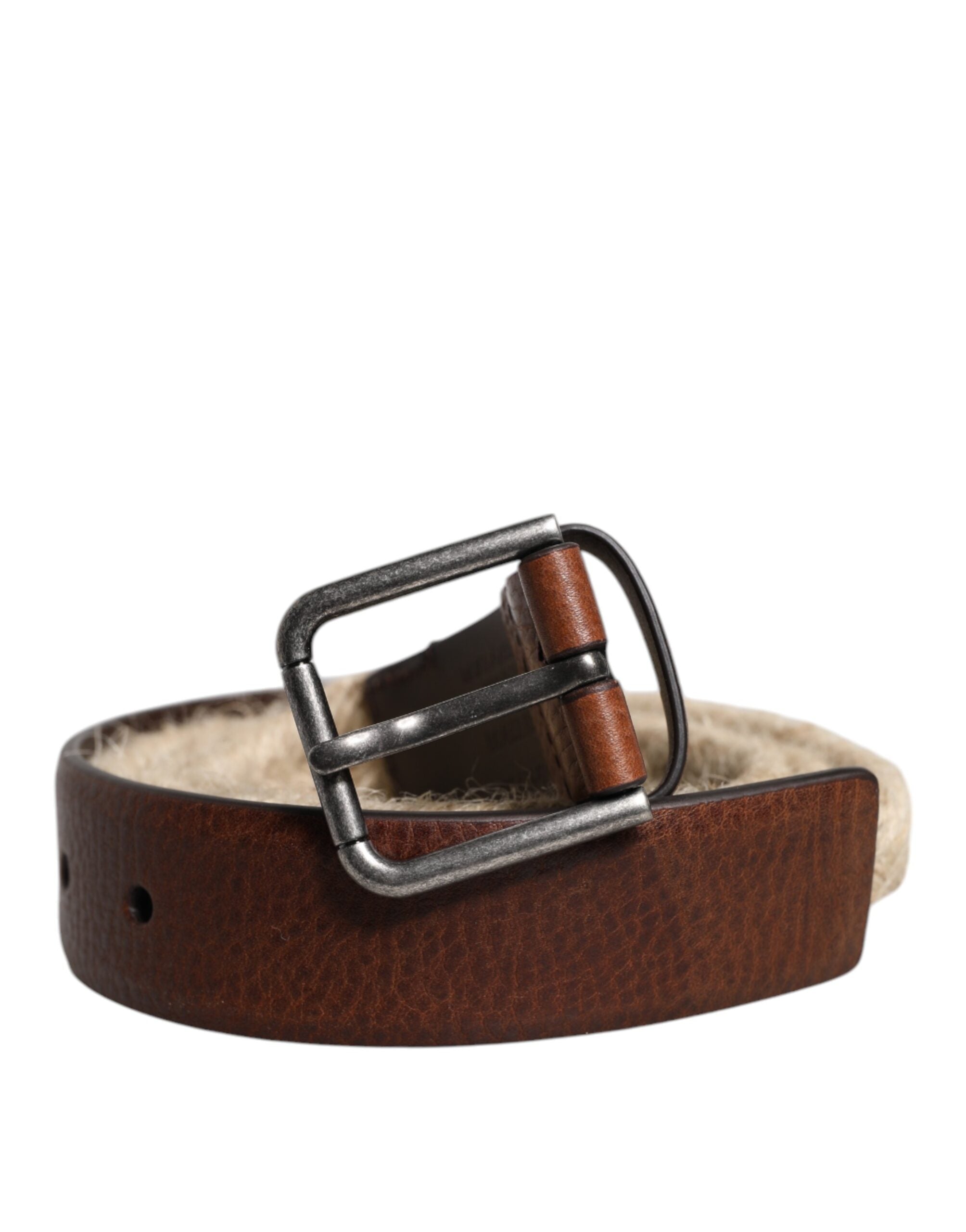 Brown Jute Leather Woven Metal Buckle Belt - ventzia