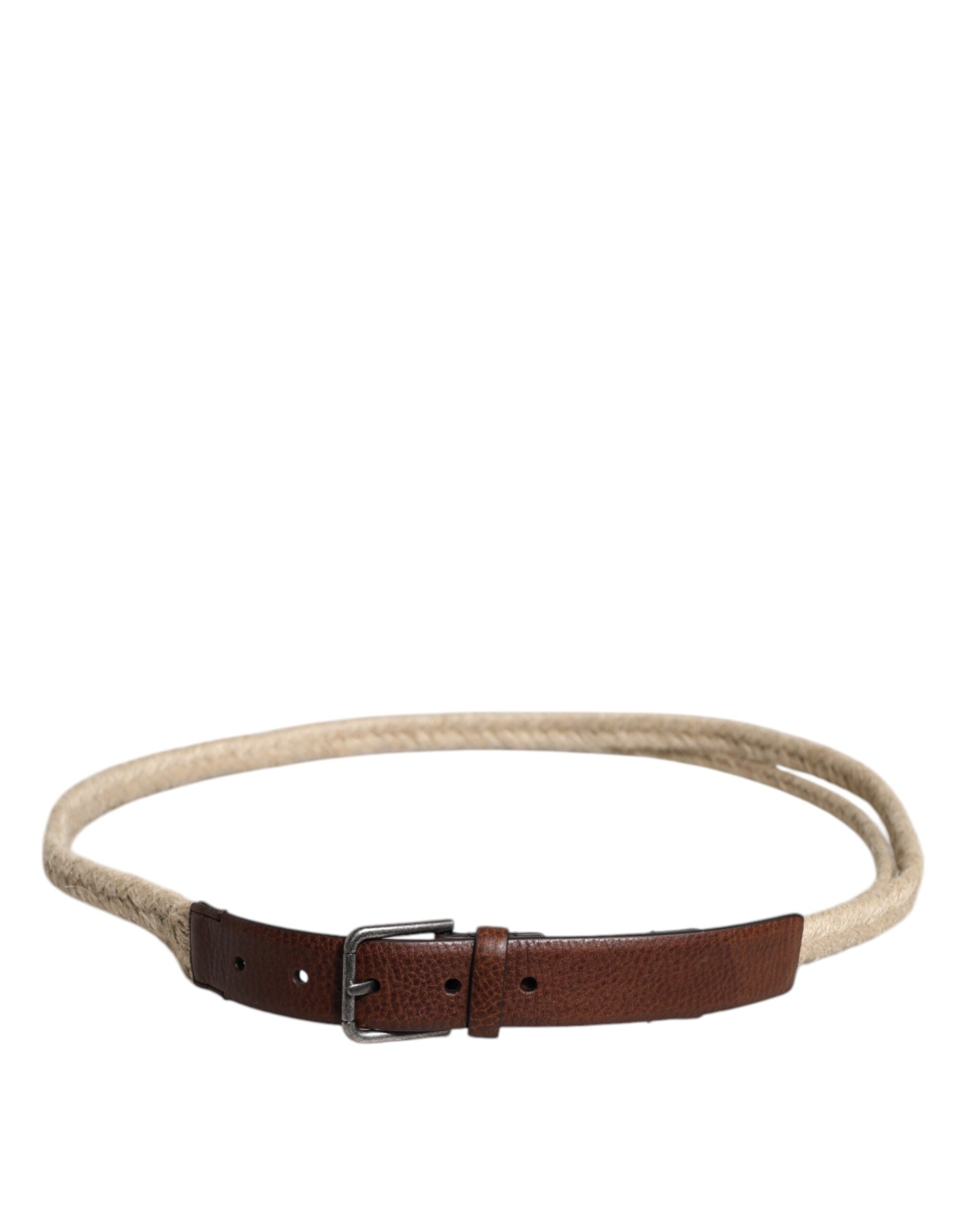 Brown Jute Leather Woven Metal Buckle Belt - ventzia