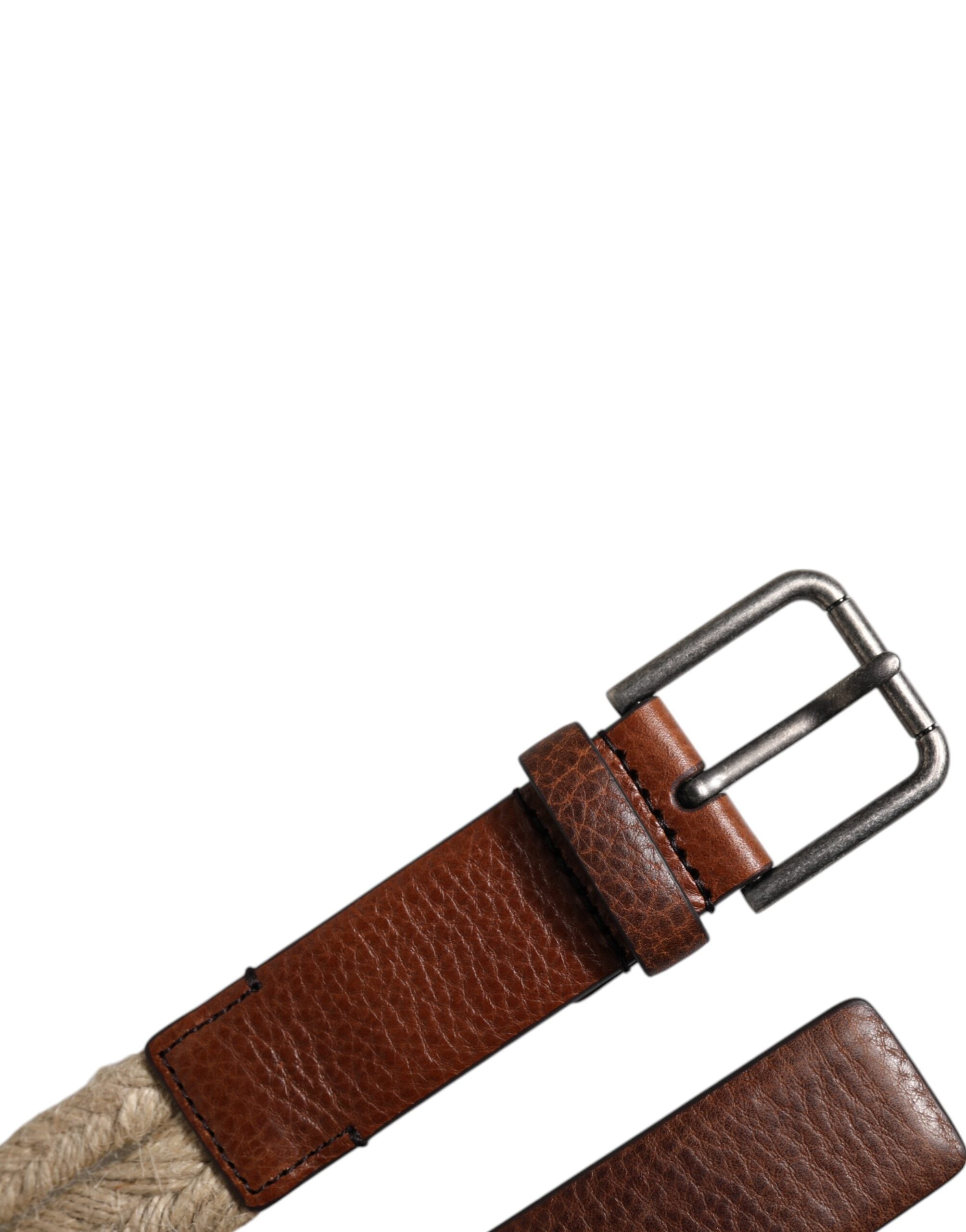 Brown Jute Leather Woven Metal Buckle Belt - ventzia
