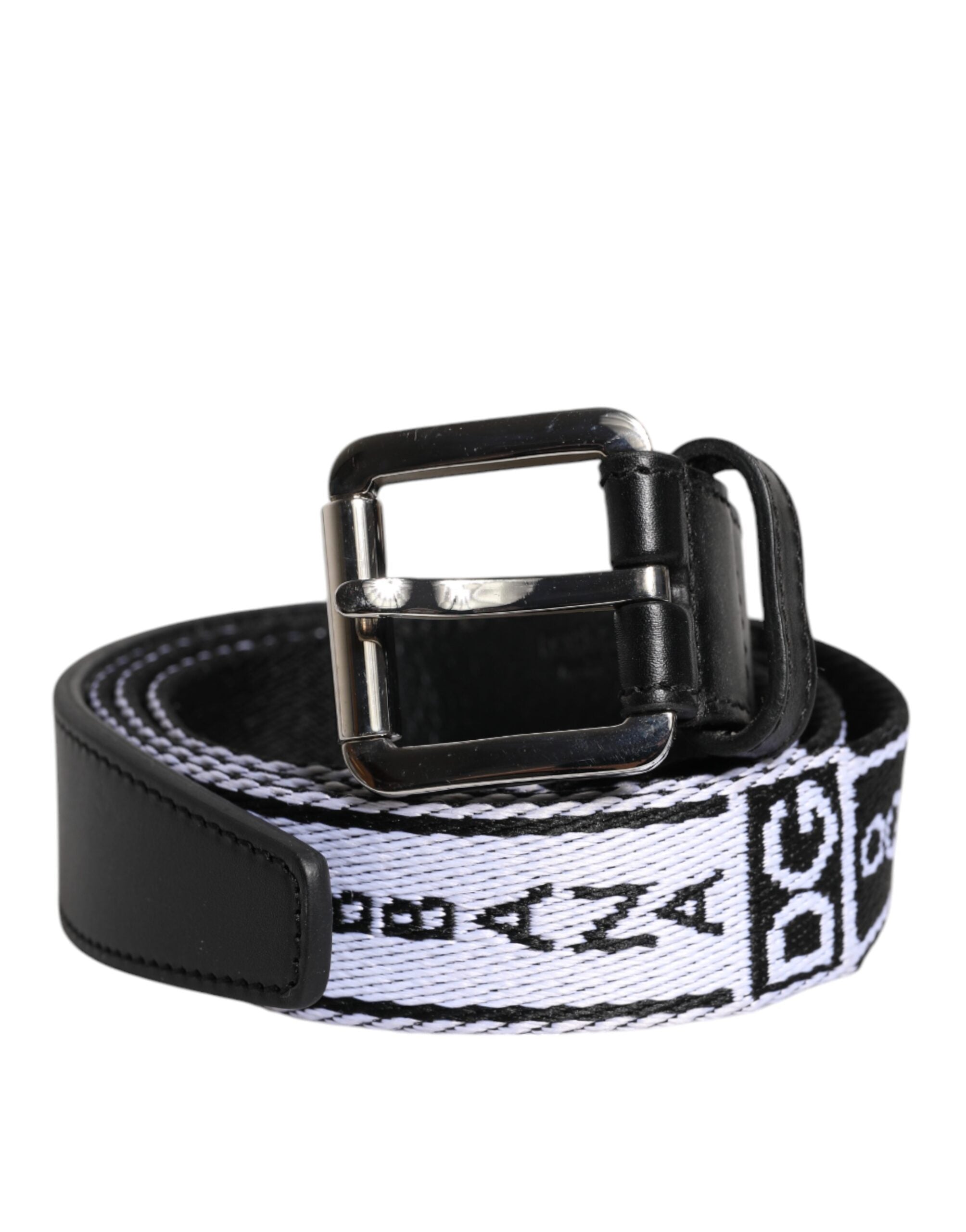 Black White Printed Metal Logo Buckle Belt - ventzia