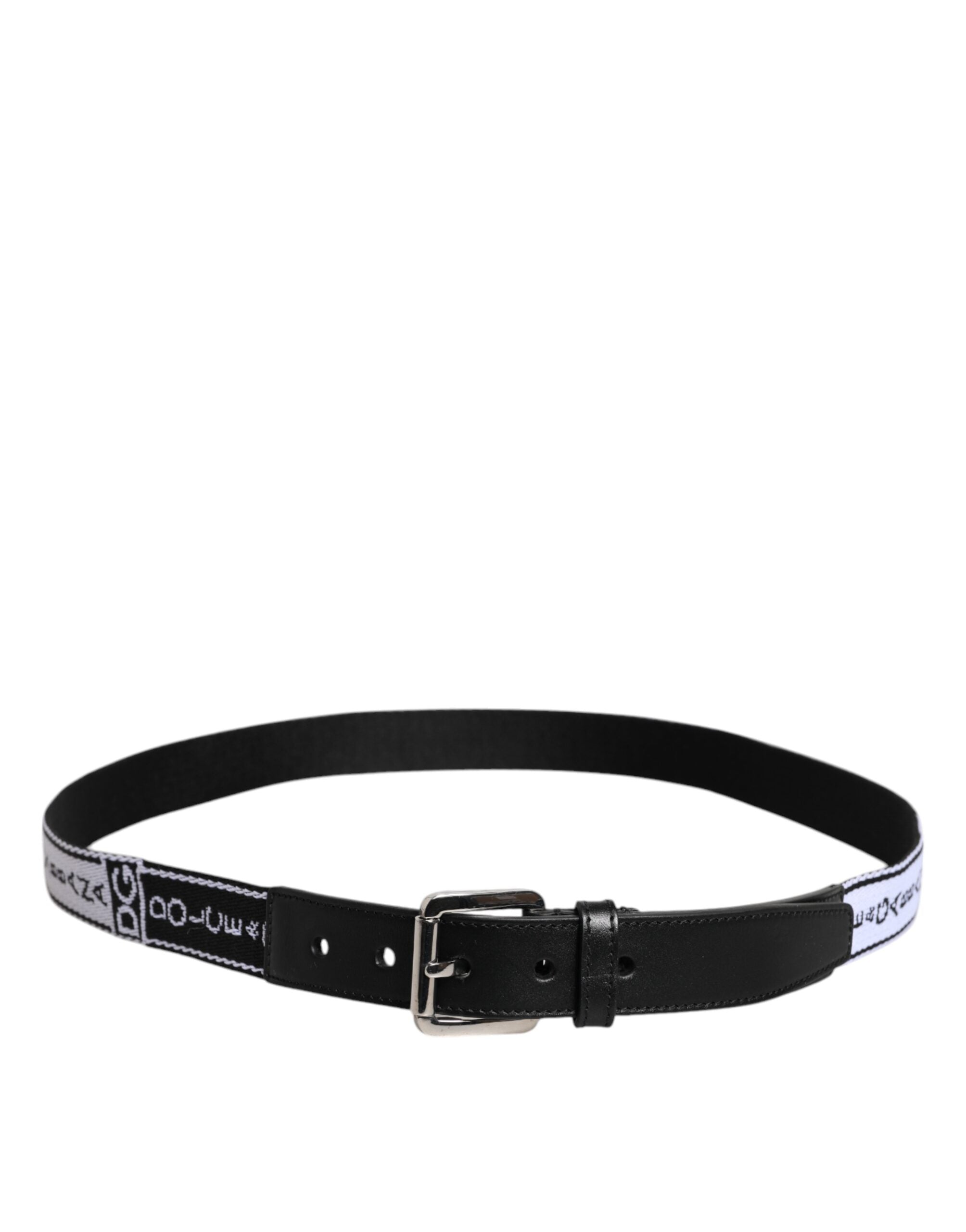 Black White Printed Metal Logo Buckle Belt - ventzia