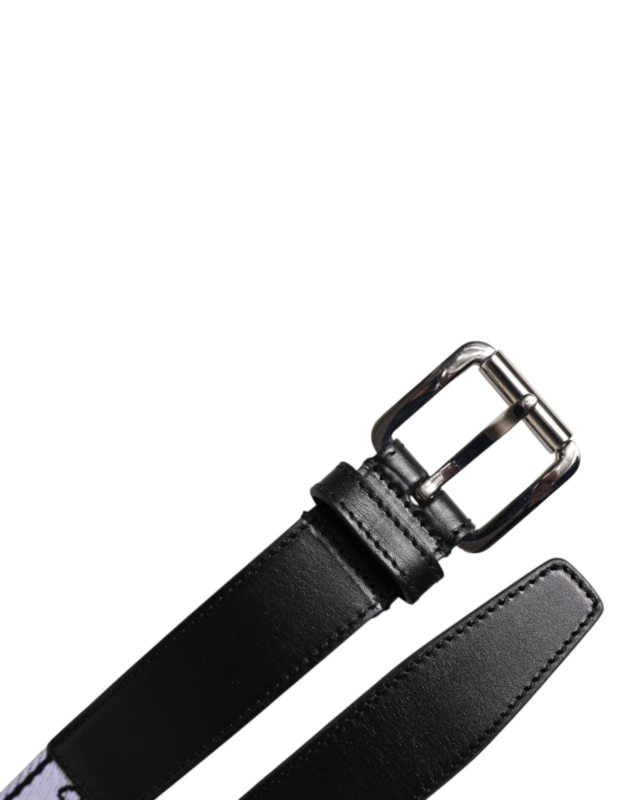 Black White Printed Metal Logo Buckle Belt - ventzia