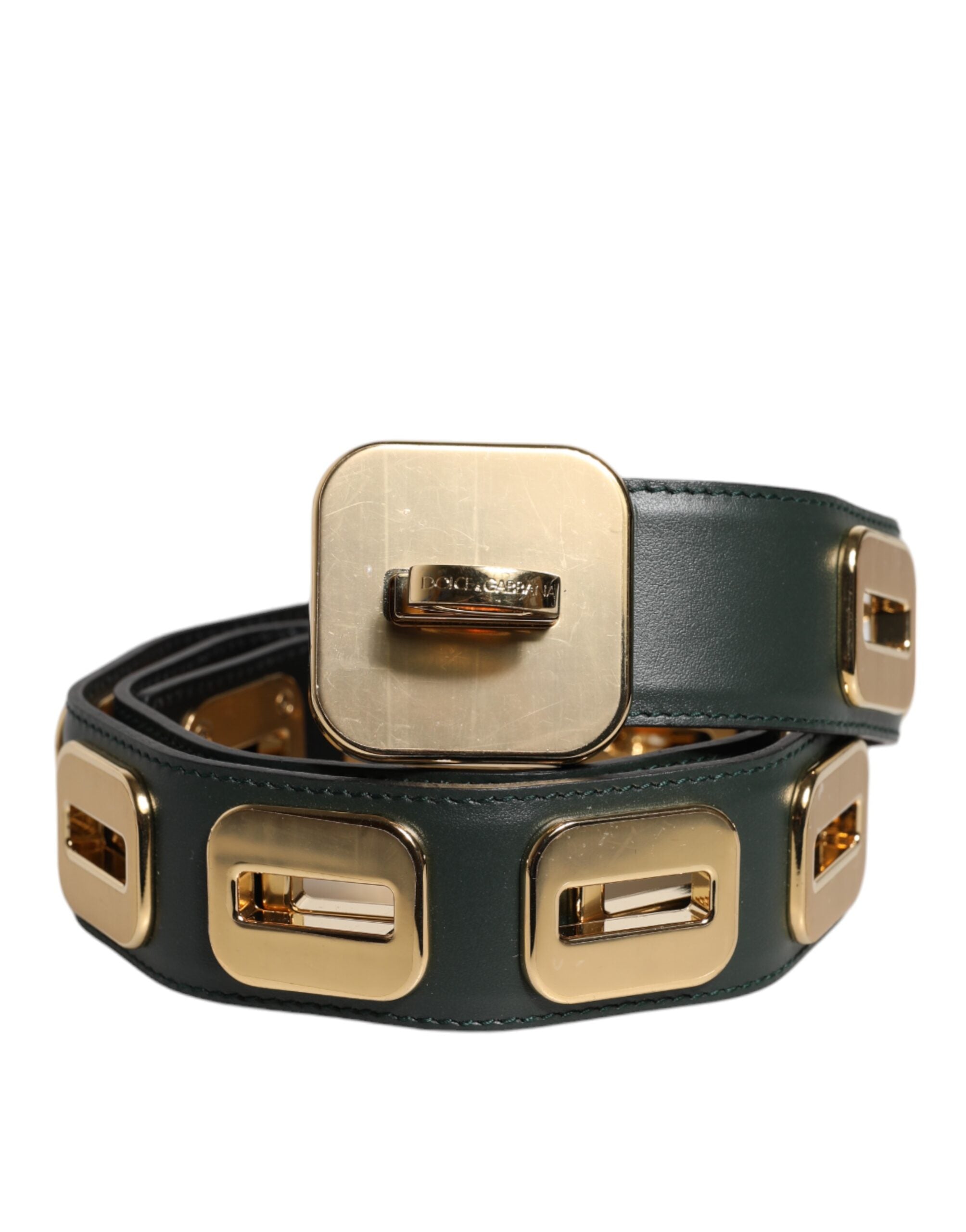 Green Leather Gold Tone Rotating Buckle Belt - ventzia