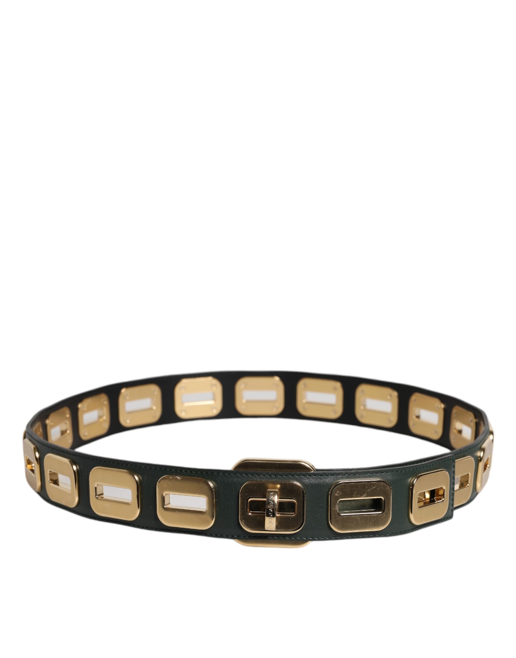 Green Leather Gold Tone Rotating Buckle Belt - ventzia