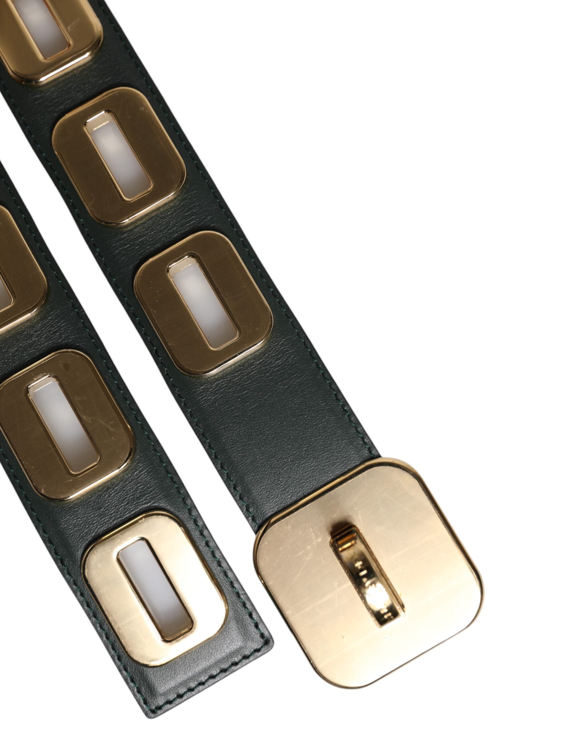 Green Leather Gold Tone Rotating Buckle Belt - ventzia