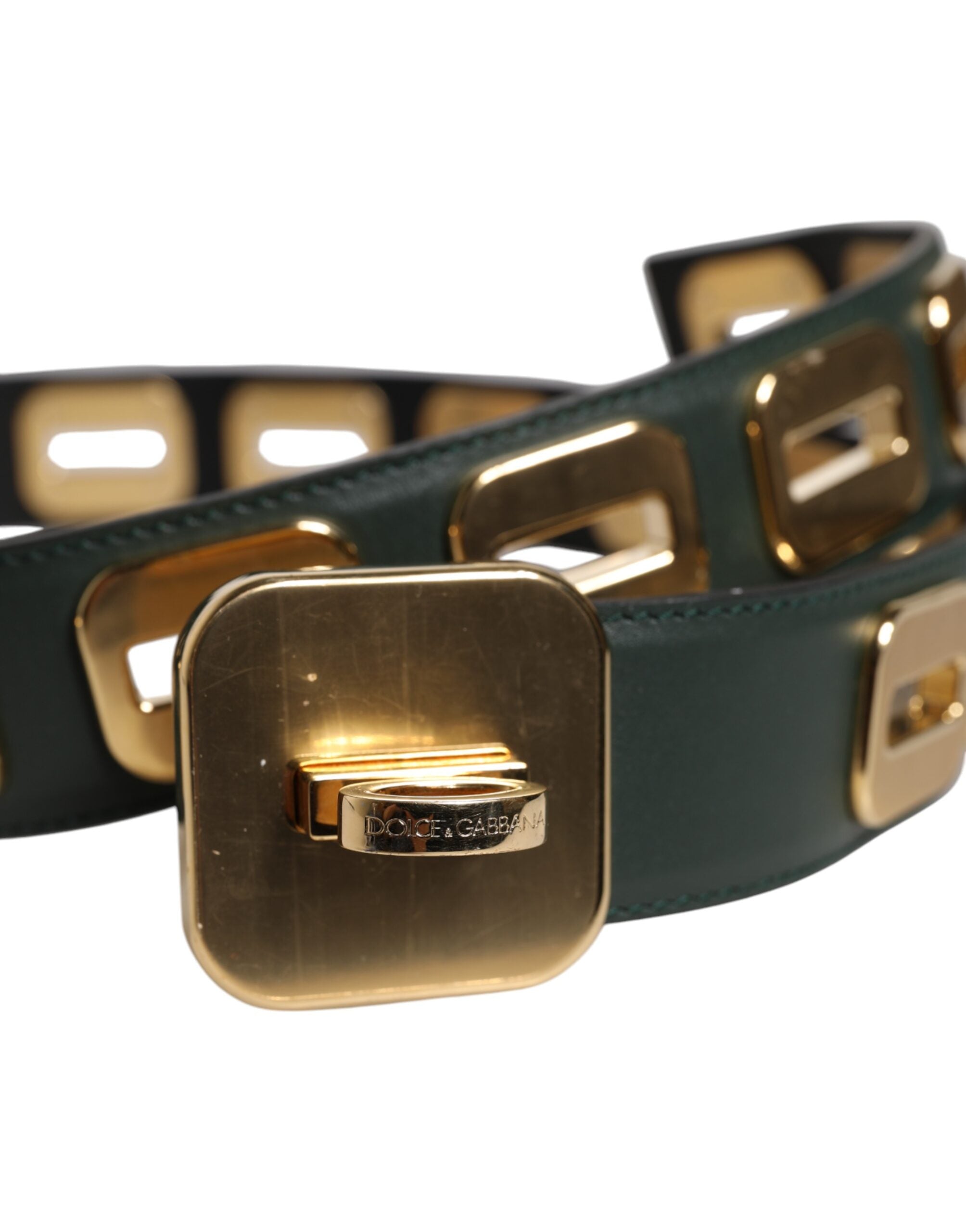 Green Leather Gold Tone Rotating Buckle Belt - ventzia