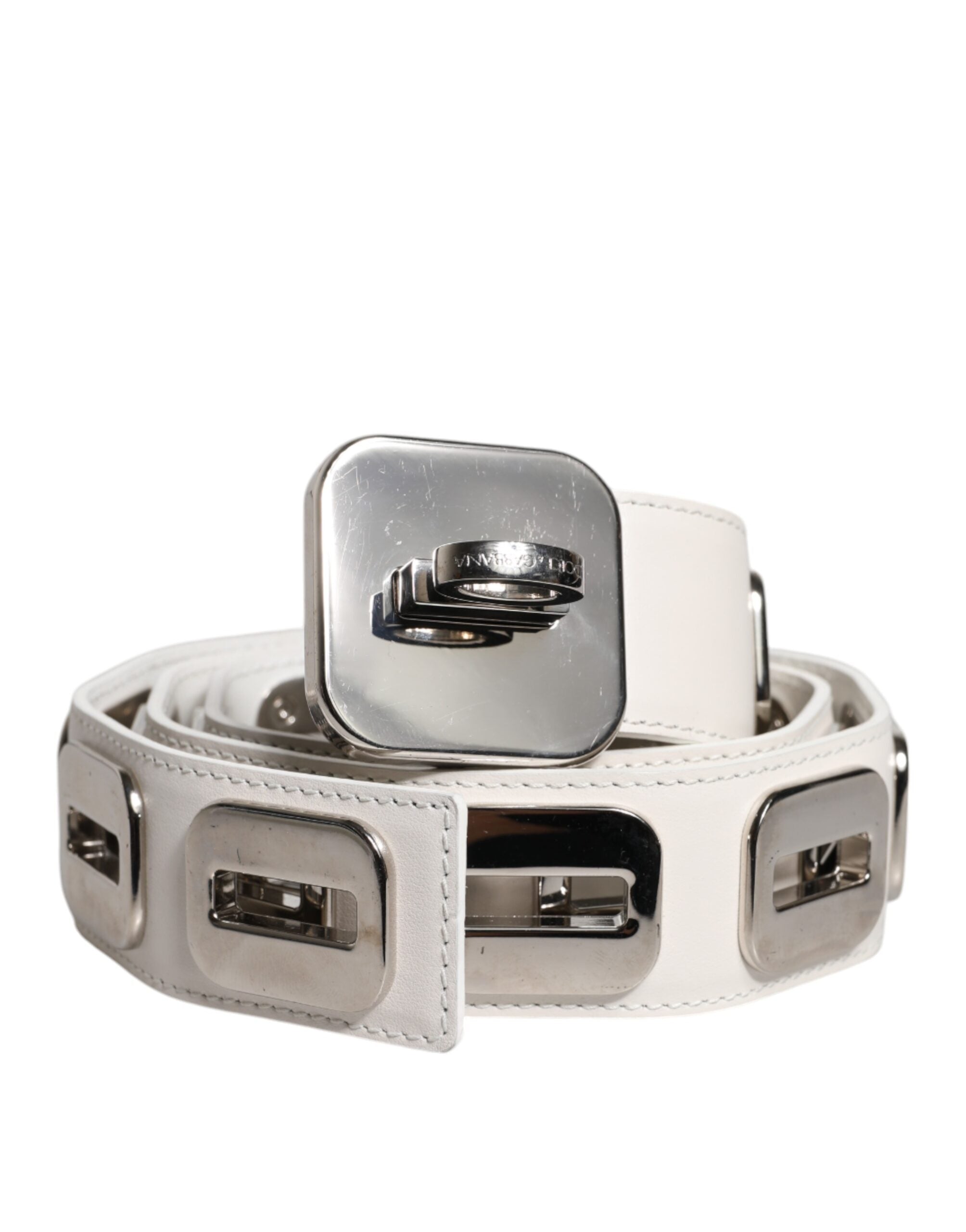 White Leather Gold Tone Rotating Buckle Belt - ventzia