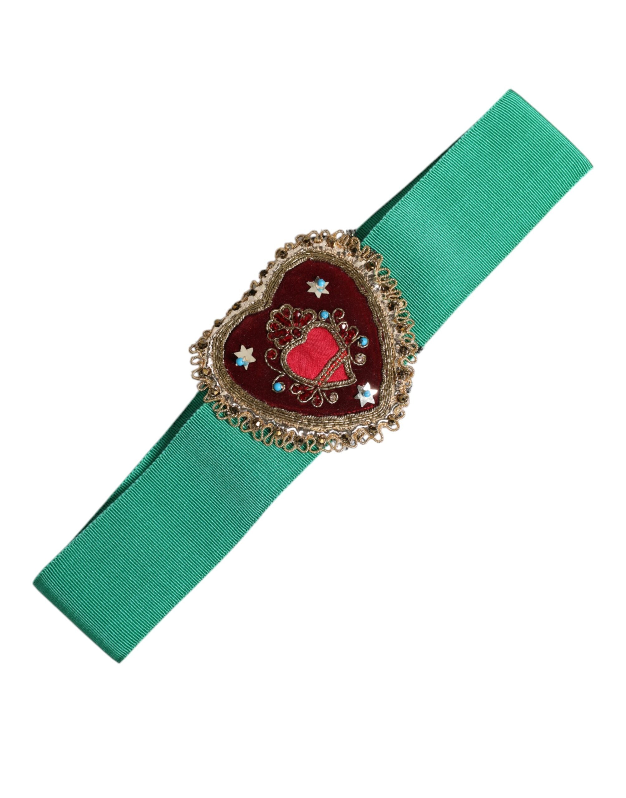 Green Stretch Wide Waist Heart Embellished Belt - ventzia
