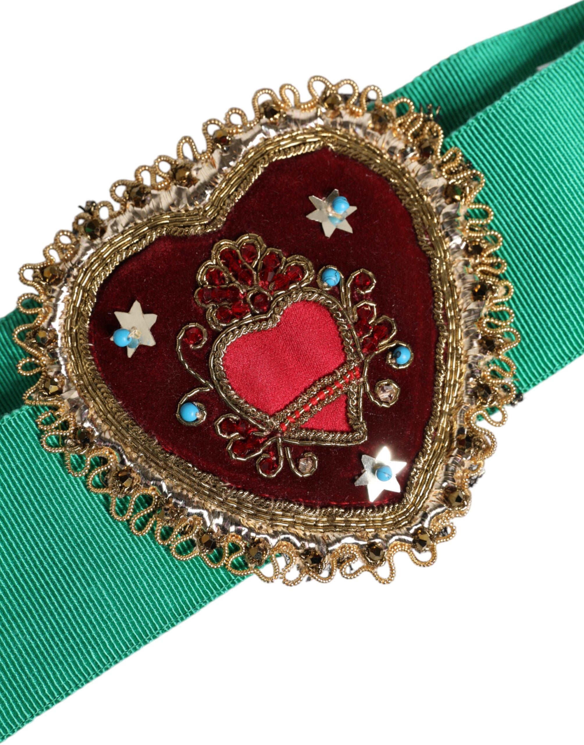 Green Stretch Wide Waist Heart Embellished Belt - ventzia