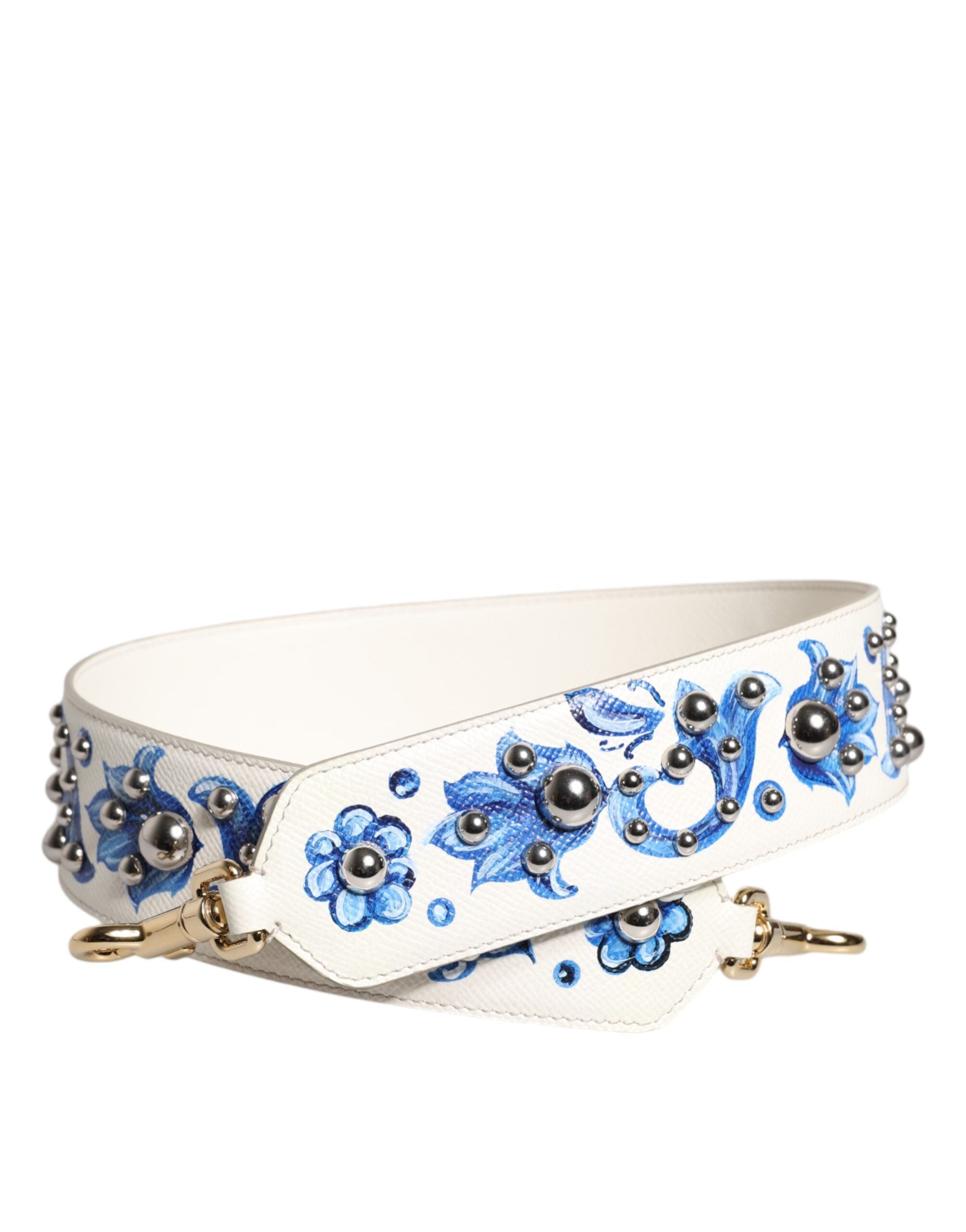 White Blue Floral Leather Stud Shoulder Strap - ventzia