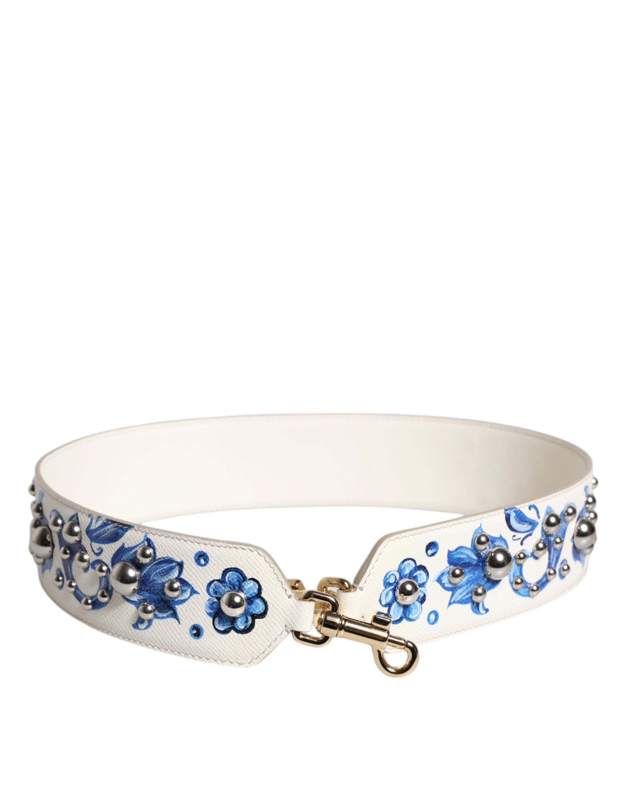White Blue Floral Leather Stud Shoulder Strap - ventzia