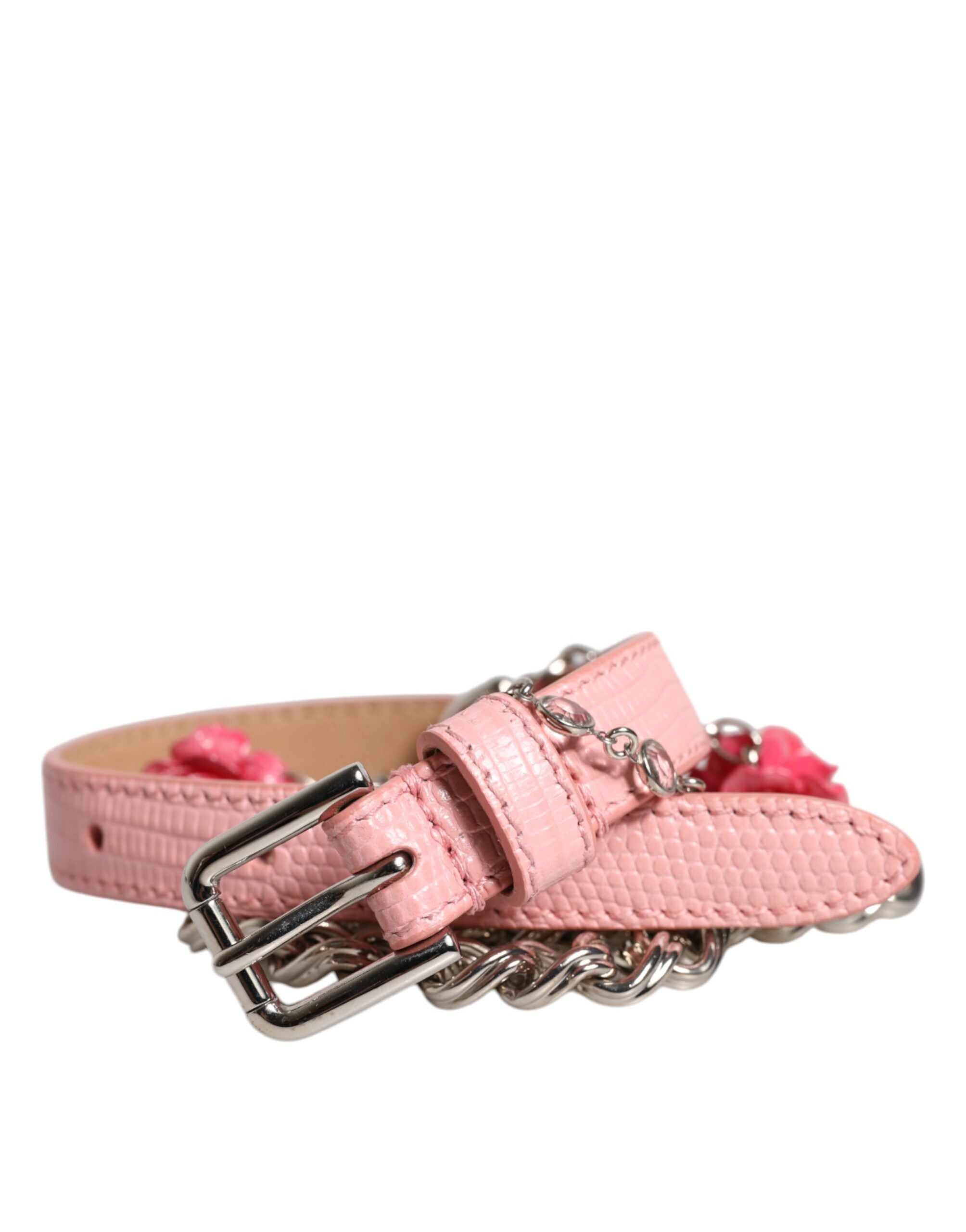 Pink Embelished Roses Textured Leather Belt - ventzia