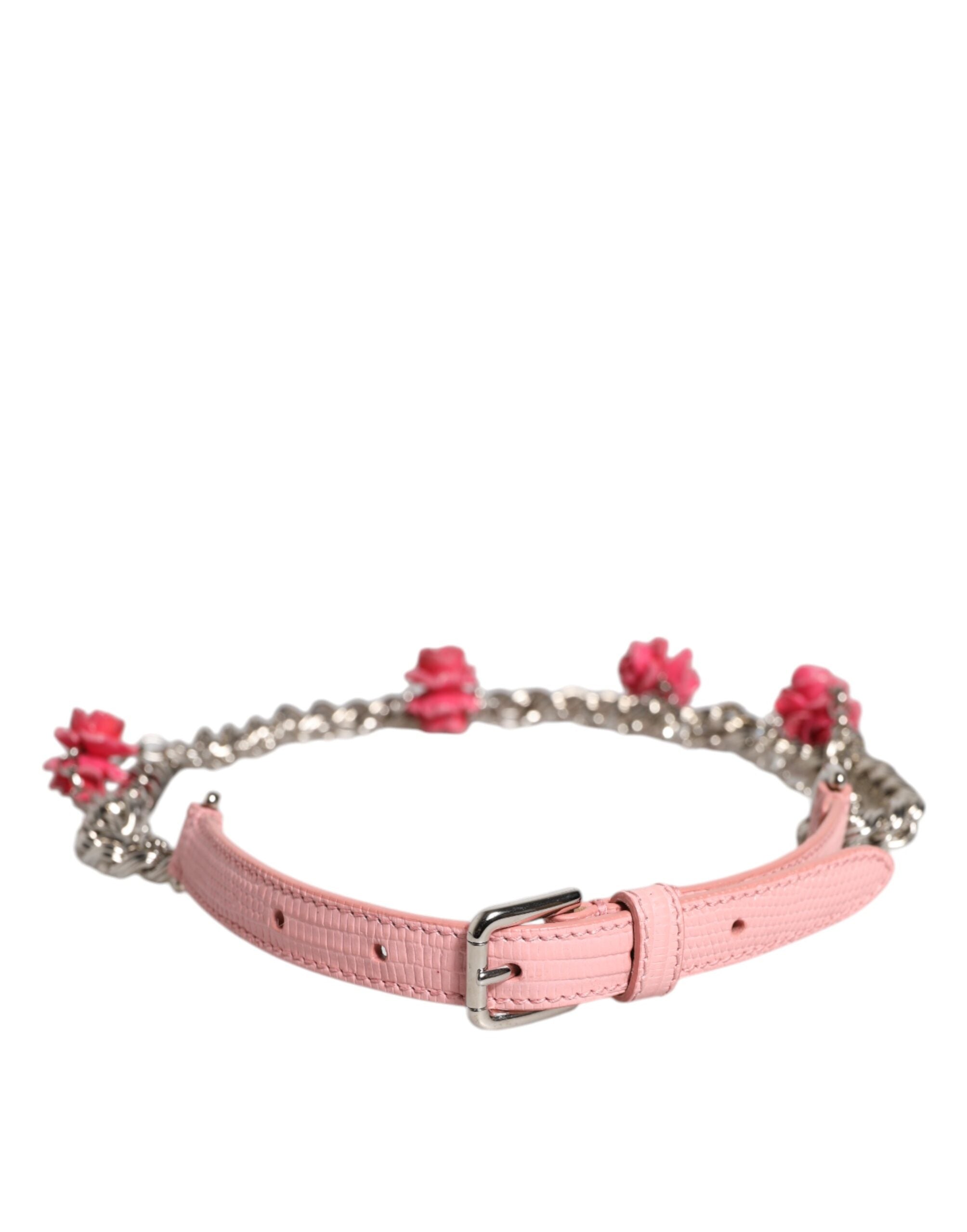 Pink Embelished Roses Textured Leather Belt - ventzia
