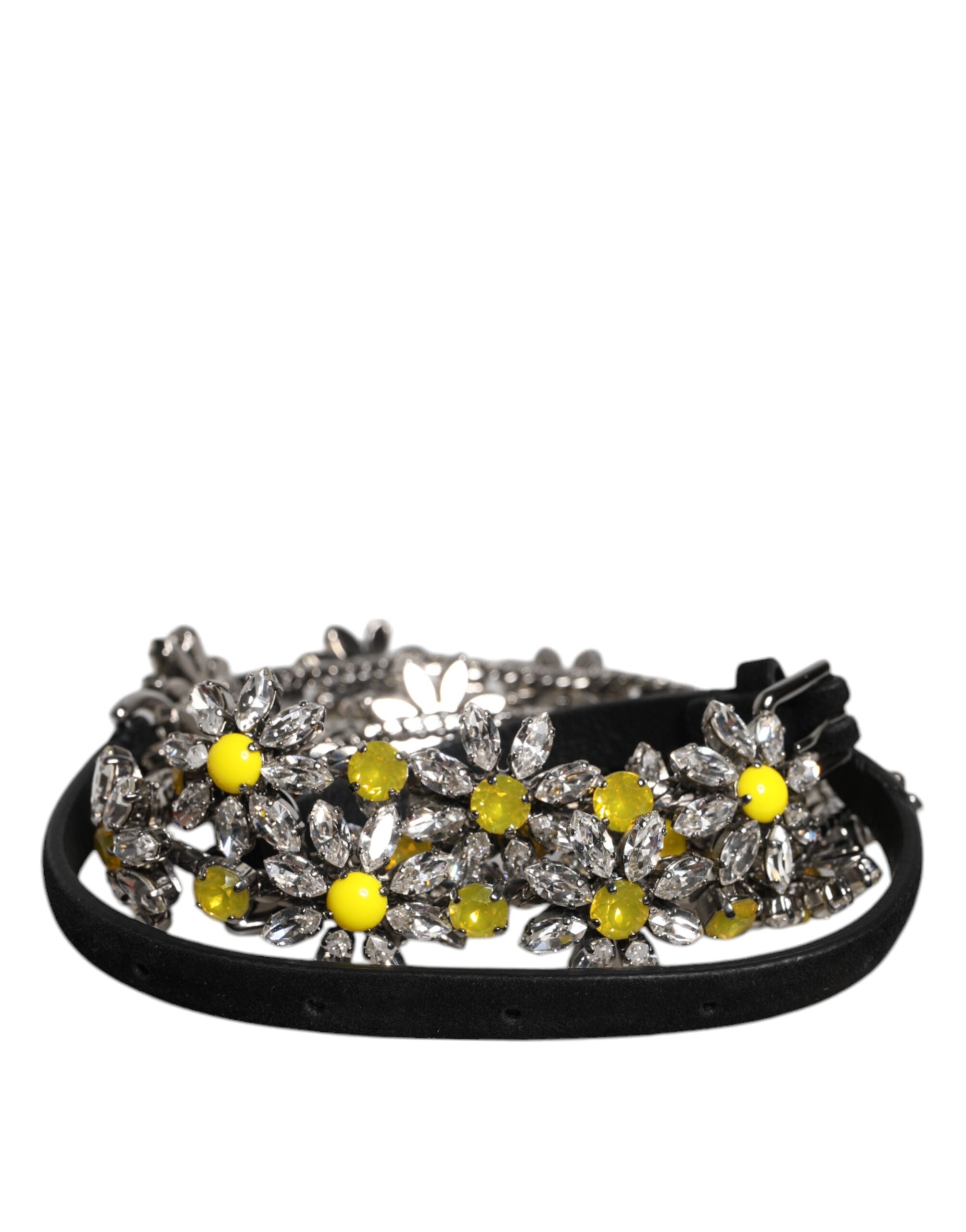Black Leather Daisy Crystal Embellish Waist Belt - ventzia